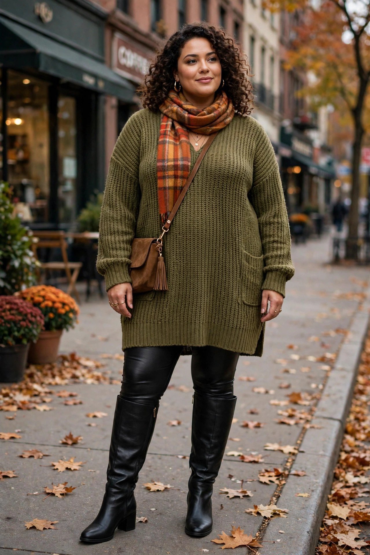 Plus size tall boots with tunic top and faux leather leggings for a chic fall look