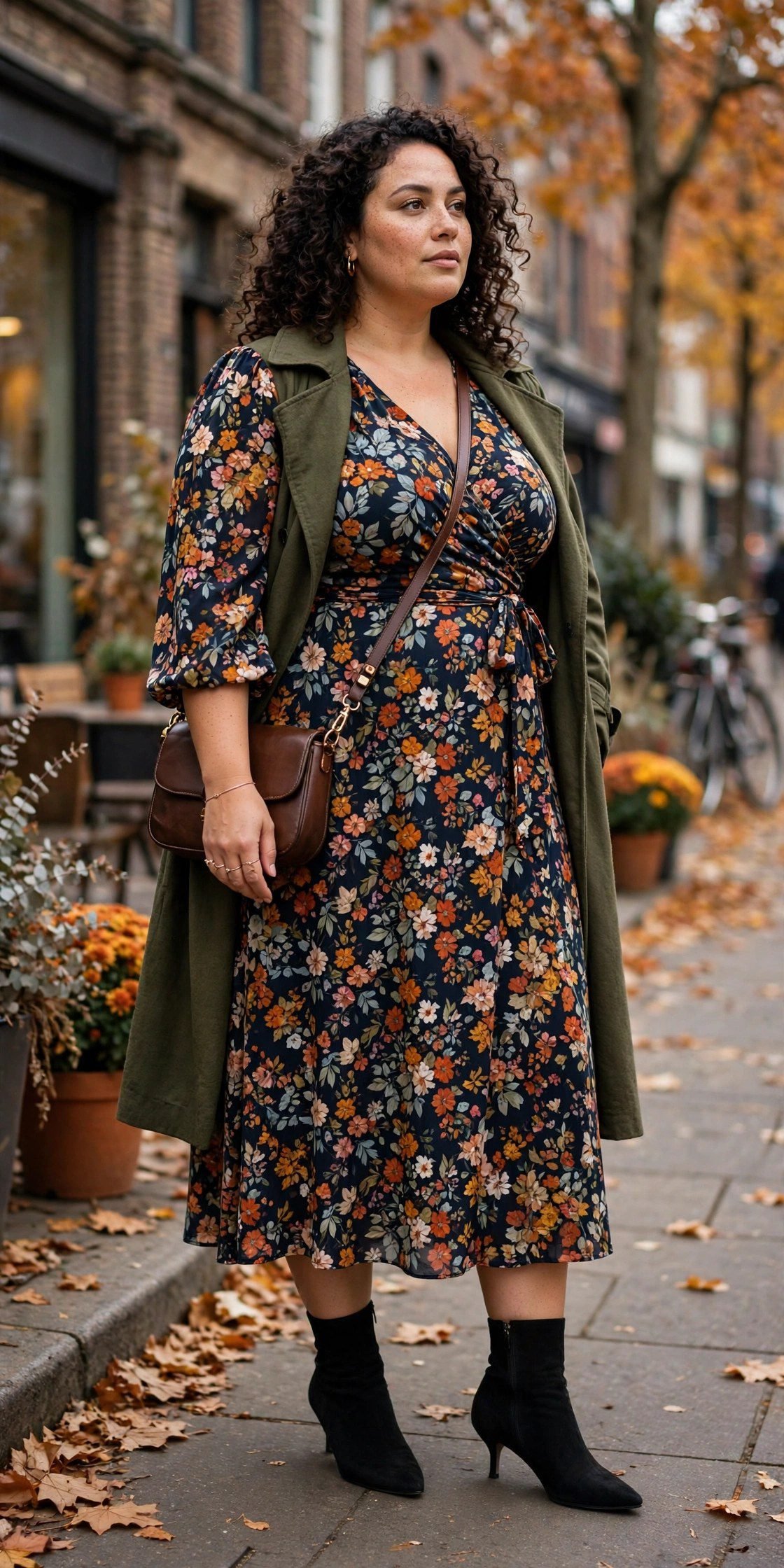 Plus size kitten-heel boots with midi dress for an elegant fall boots outfit