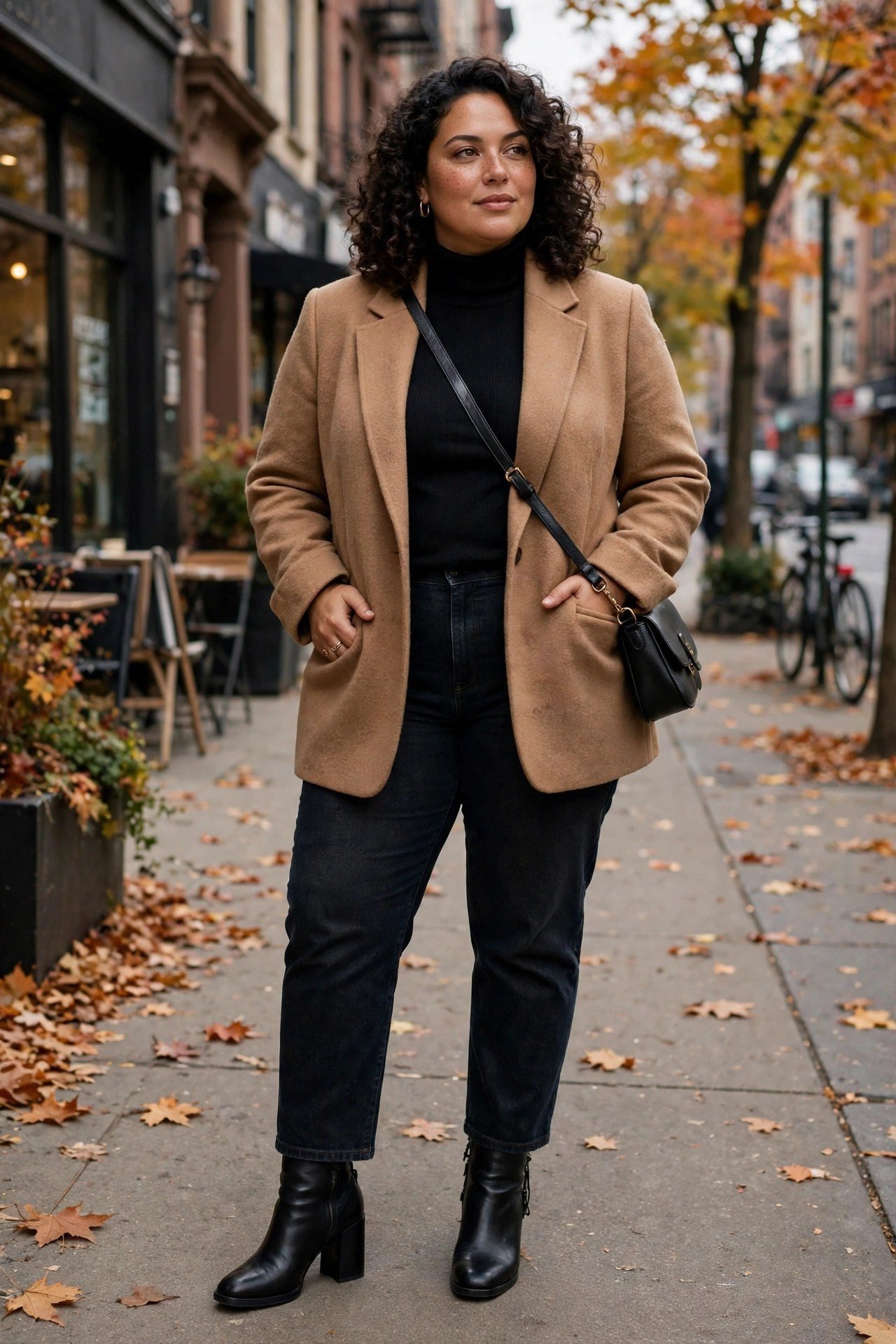 Plus size block-heel ankle boots with dark straight-leg jeans for fall