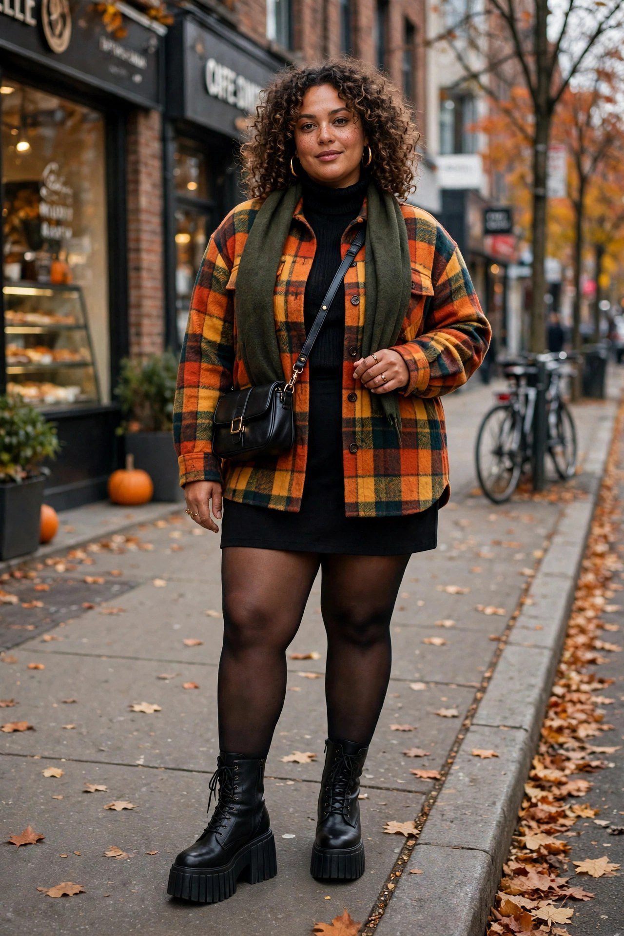 Plus size platform boots with mini skirt and tights for bold fall style