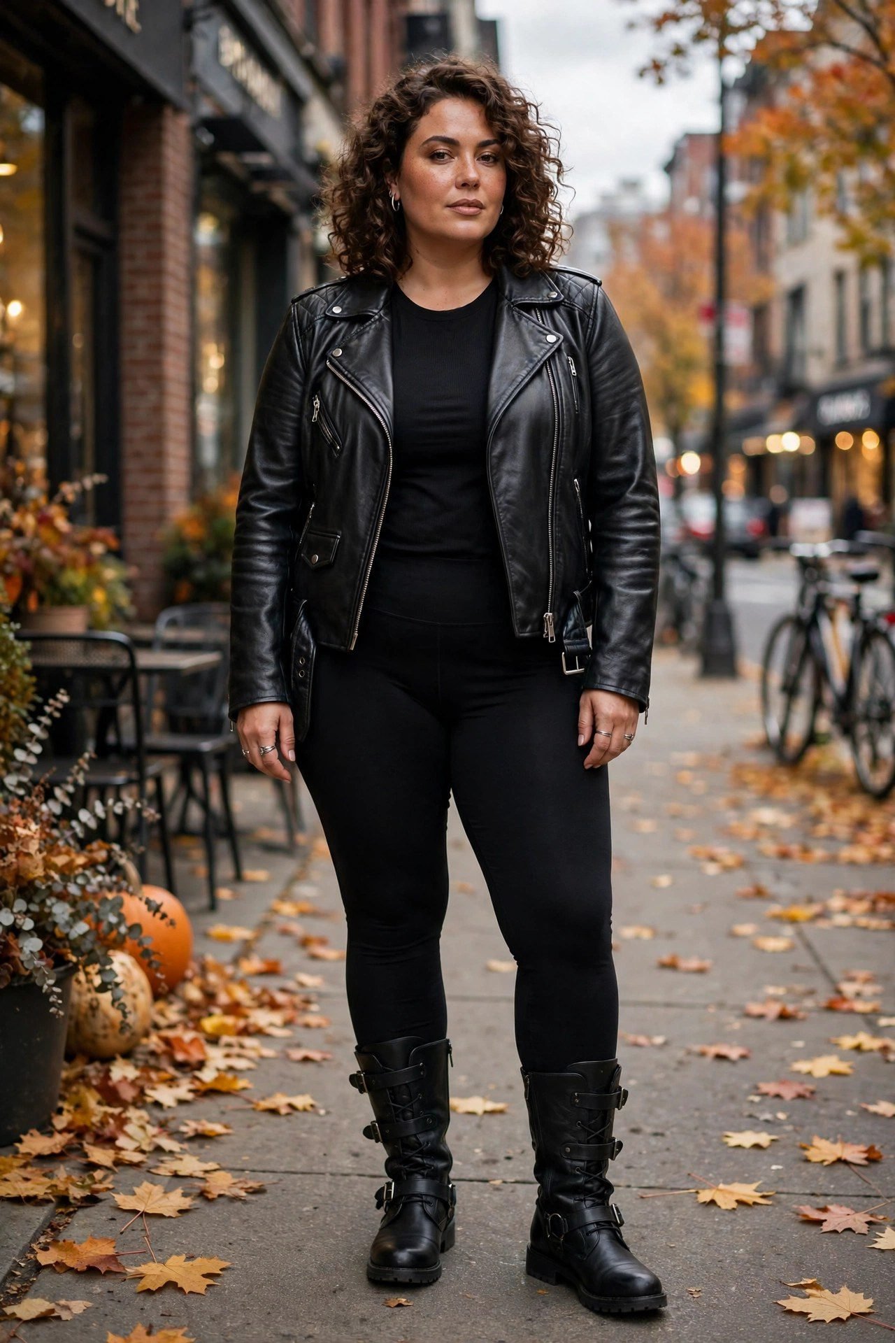 Plus size moto boots with all-black outfit for edgy fall style