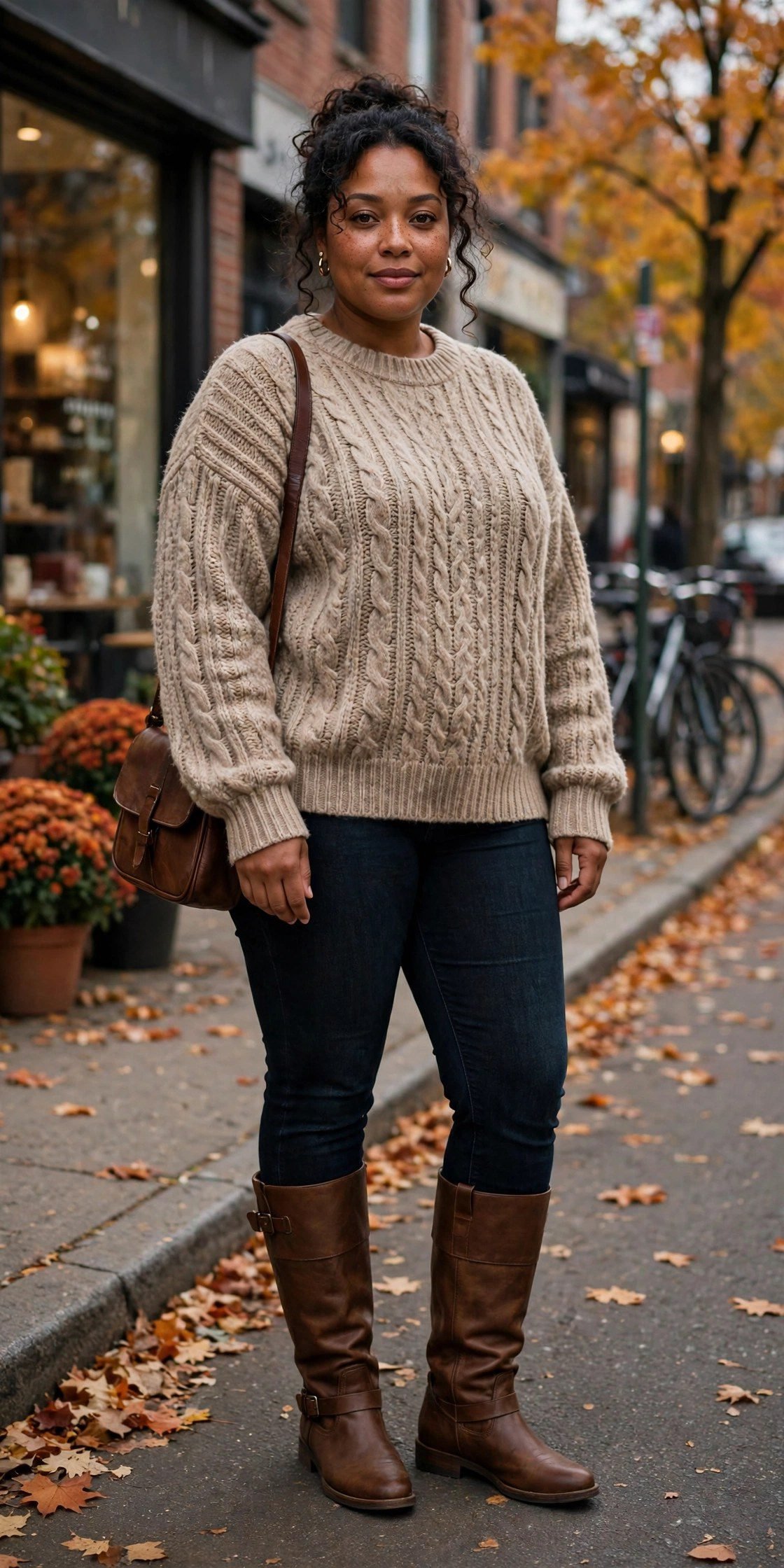 Wide-calf riding boots with skinny jeans, a timeless plus size fall boots outfit