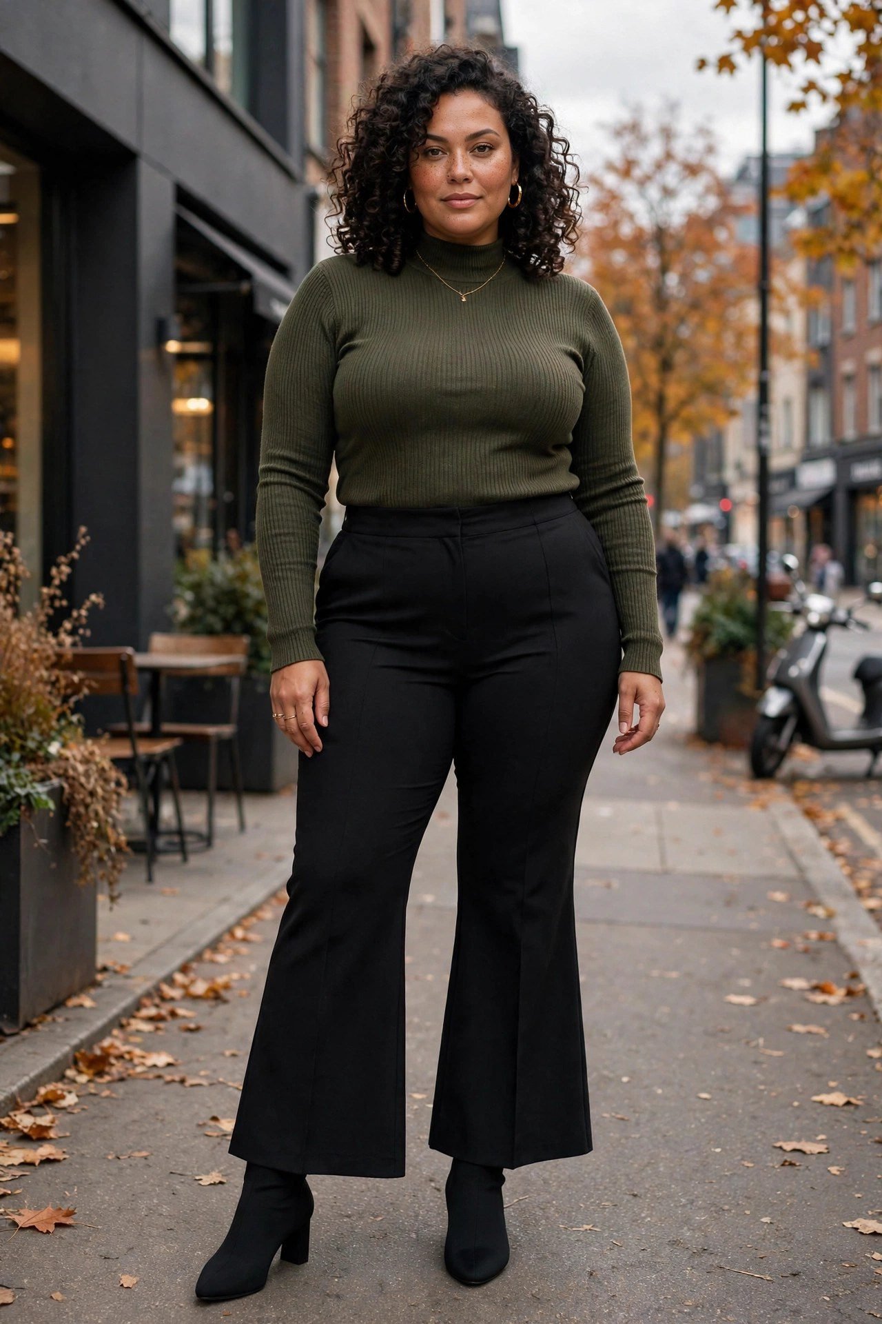 Plus size sock boots with flare trousers for a sleek modern fall boots outfit
