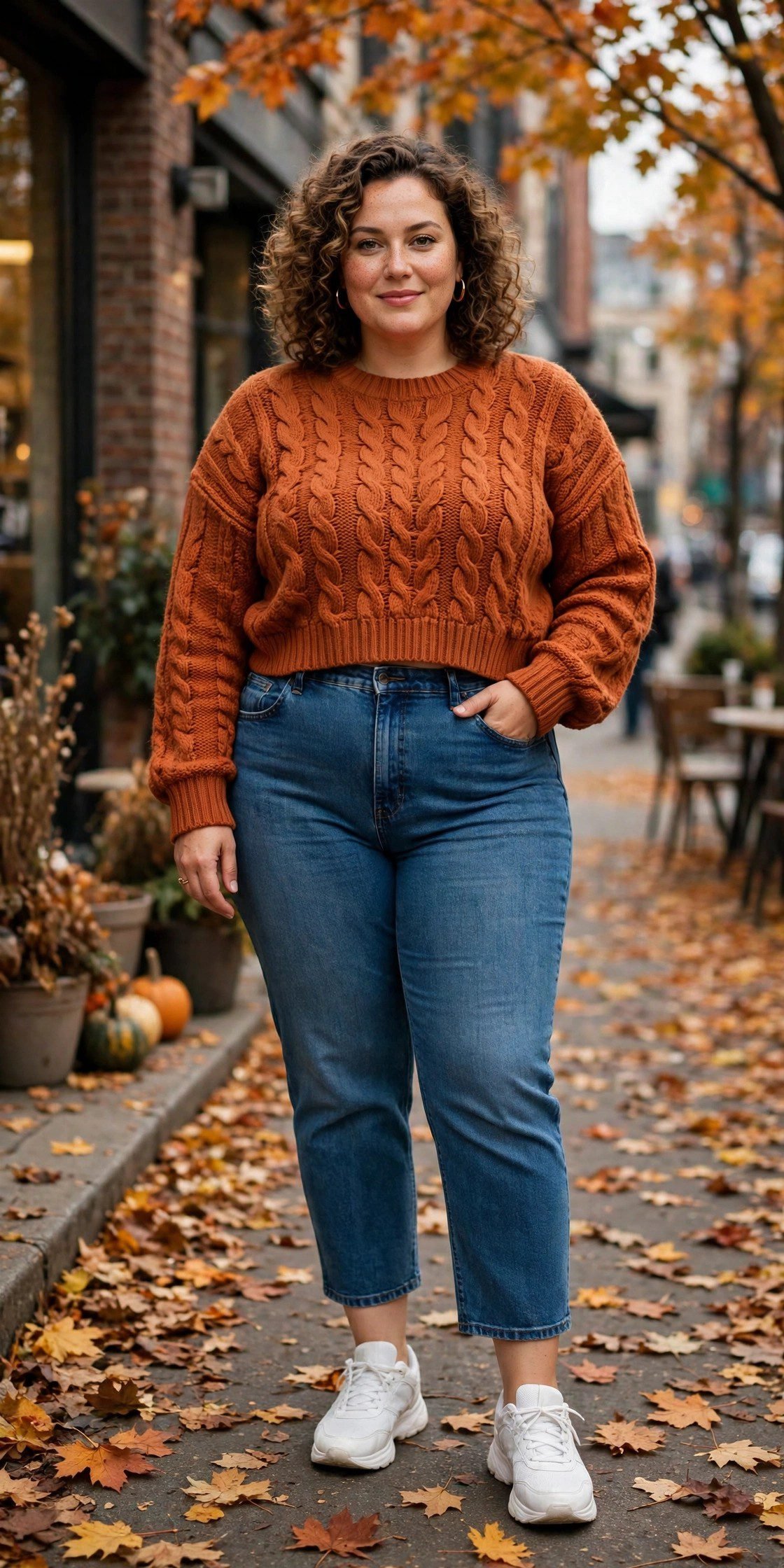Plus size cropped sweater with high-waisted jeans for a flattering fall outfit