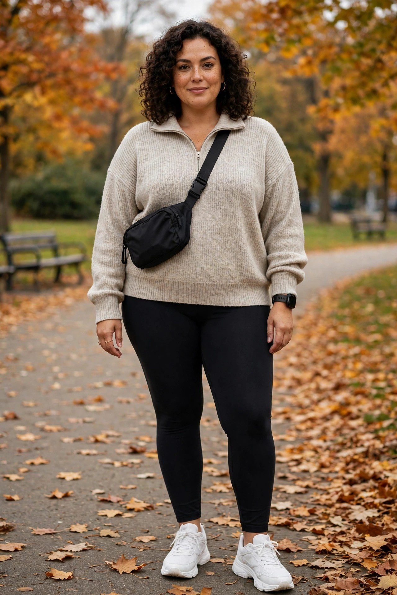 Plus size quarter-zip sweater with leggings for sporty cozy fall style