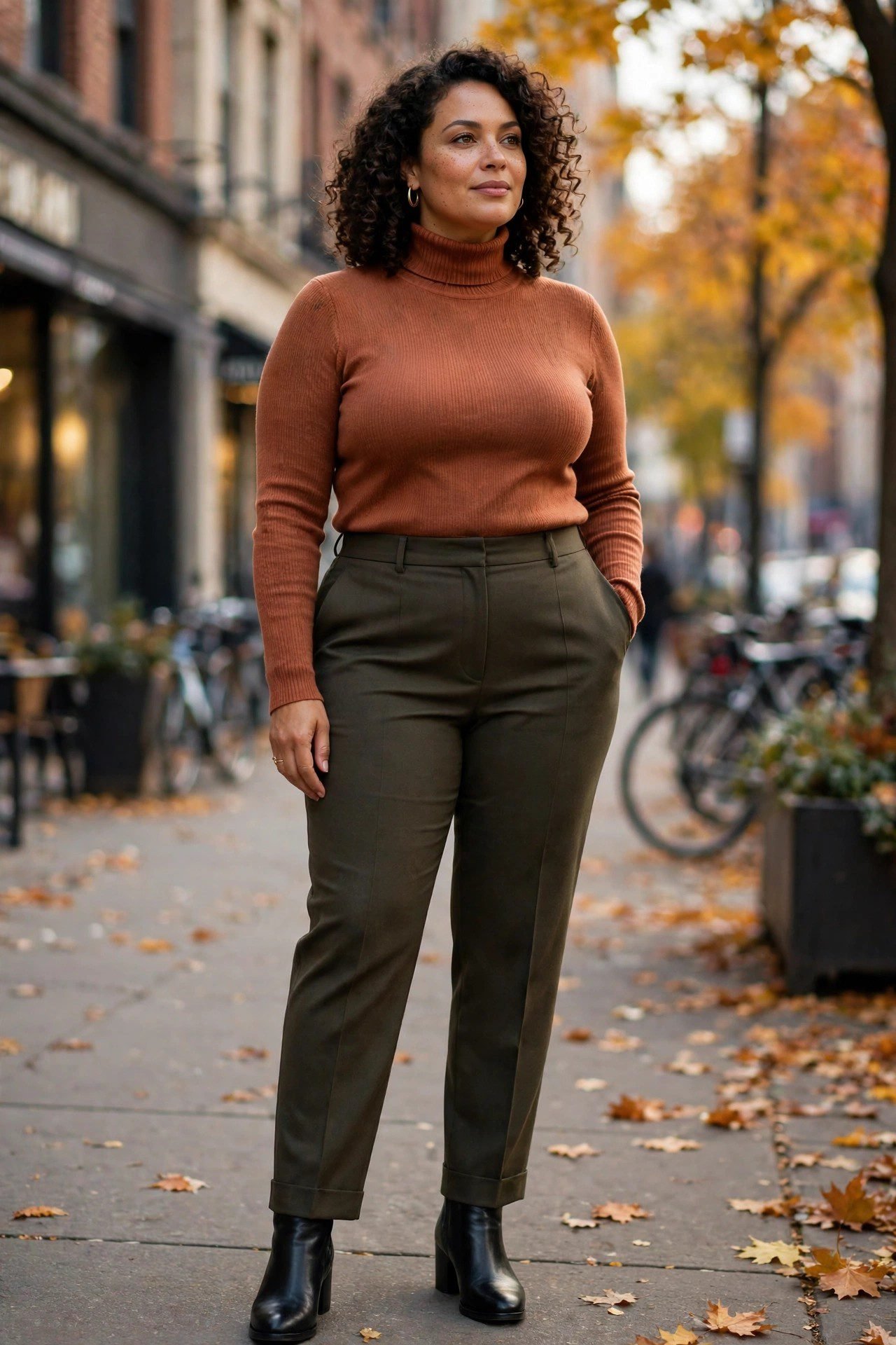 Plus size fitted turtleneck with tailored trousers for sleek fall elegance