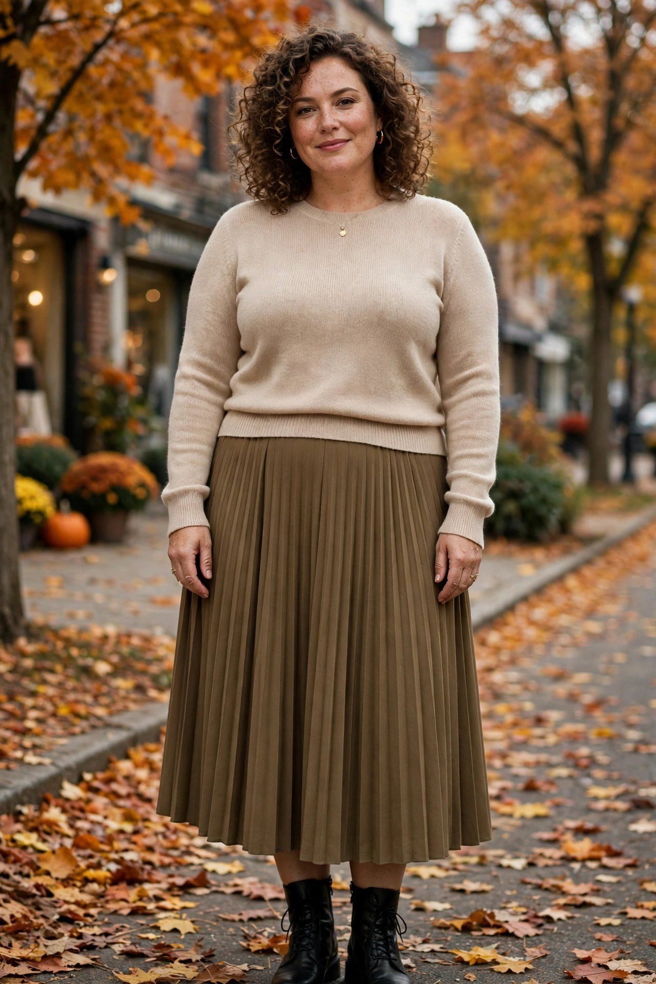 Plus size fine-knit sweater with pleated skirt for an elegant fall look