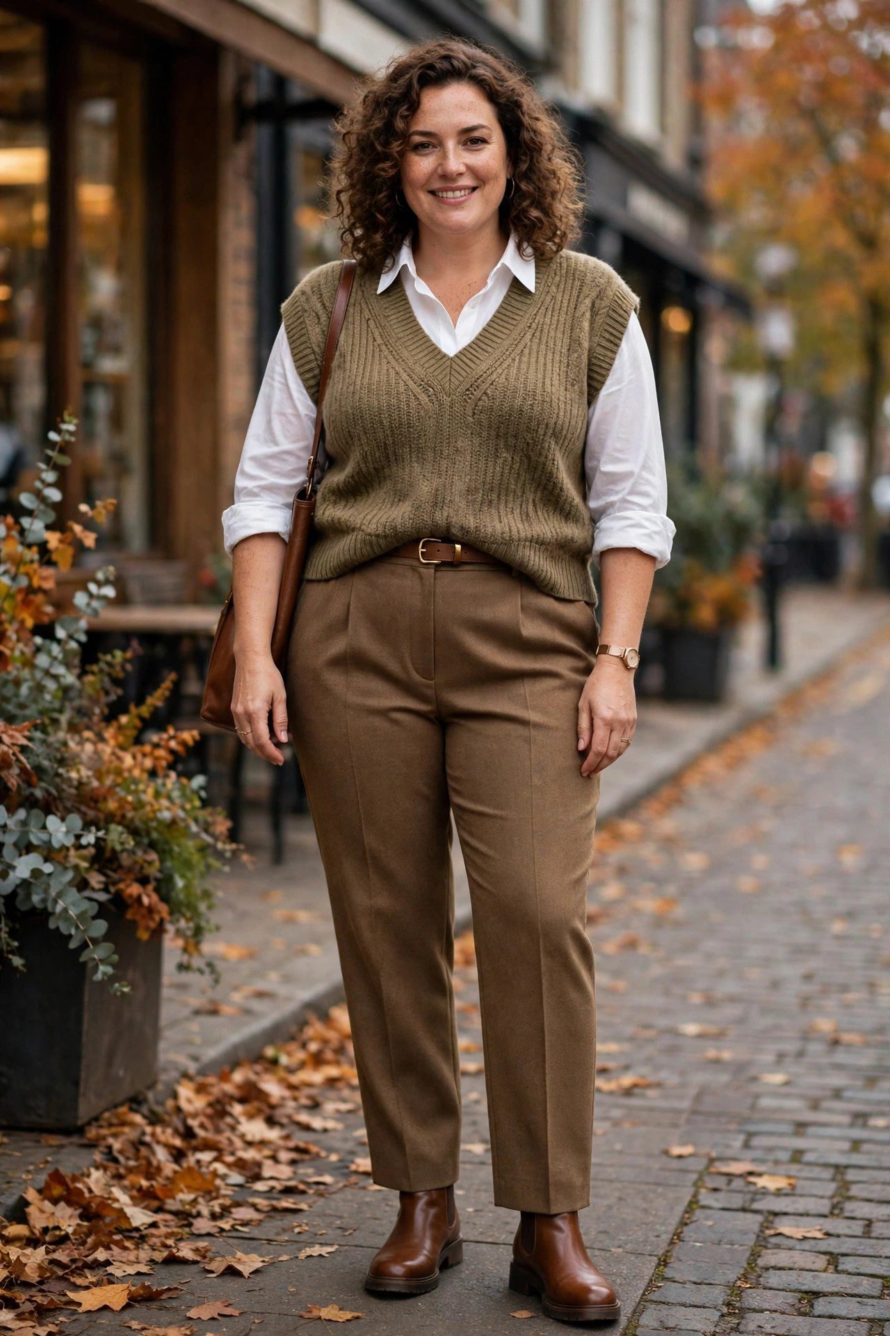 Plus size sweater vest over white shirt with trousers for smart fall layering