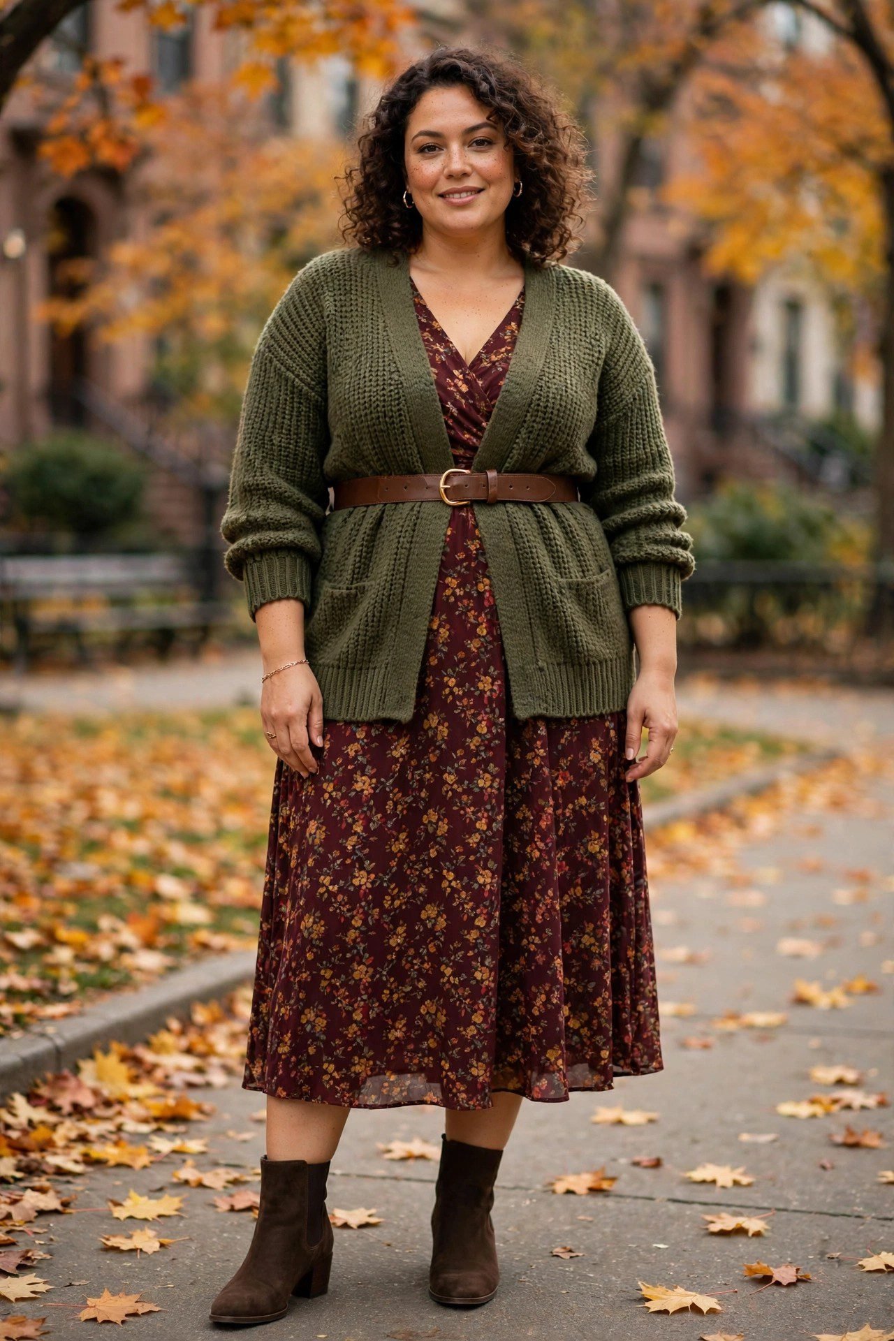 Plus size belted cardigan worn over a dress for a defined-waist fall outfit