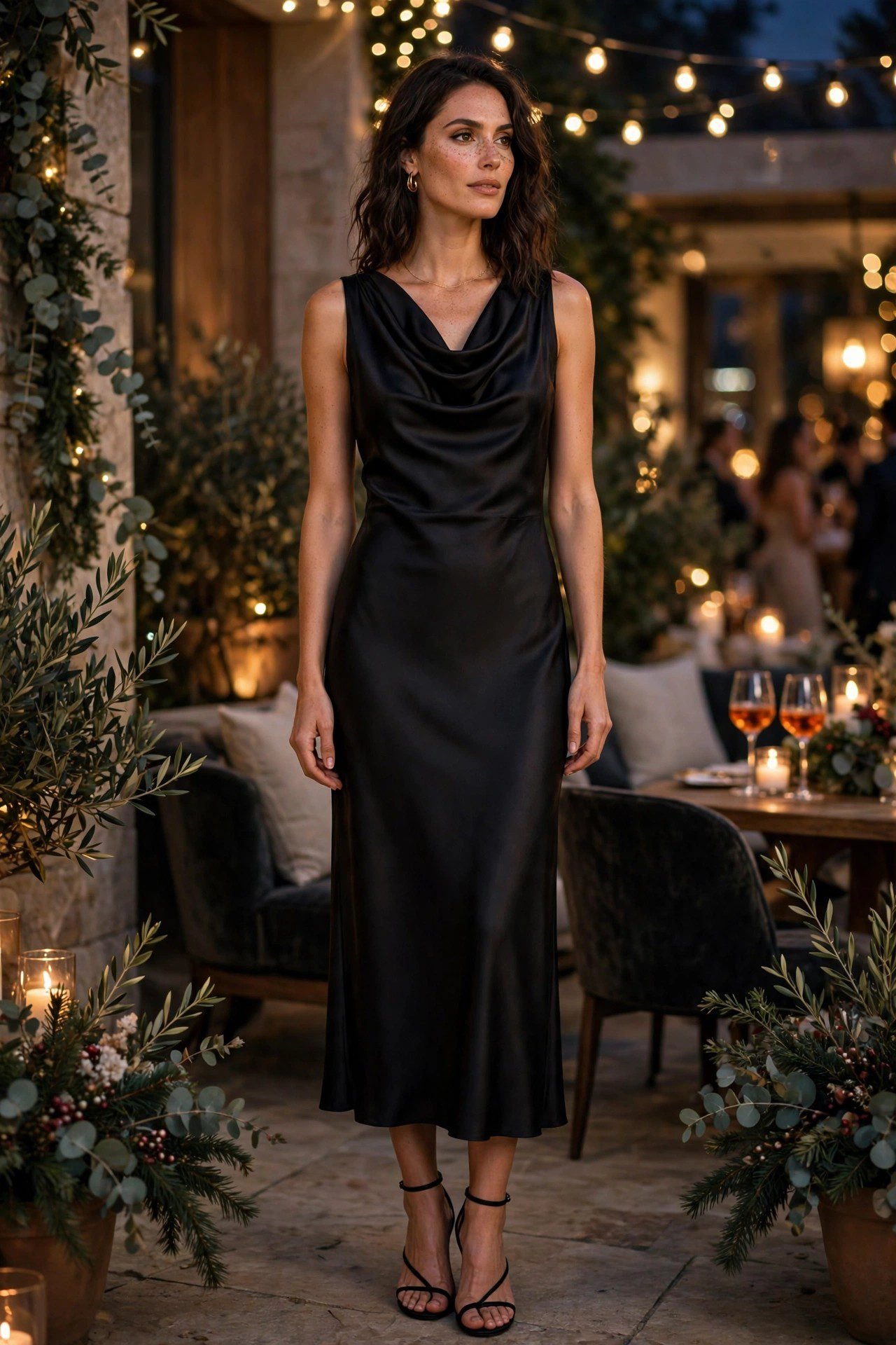 Black satin cowl neck dress festive going out look