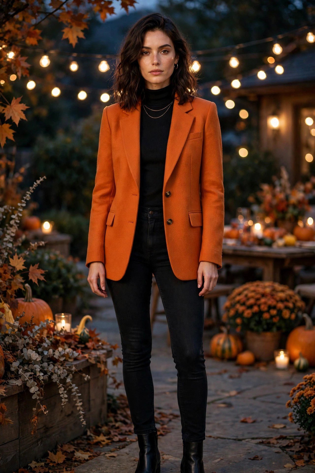 Orange blazer with black top and jeans party outfit