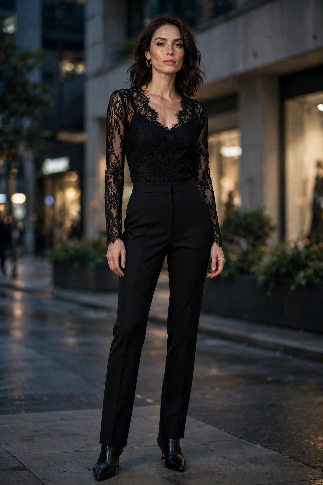 Black lace top with black trousers Halloween outfit