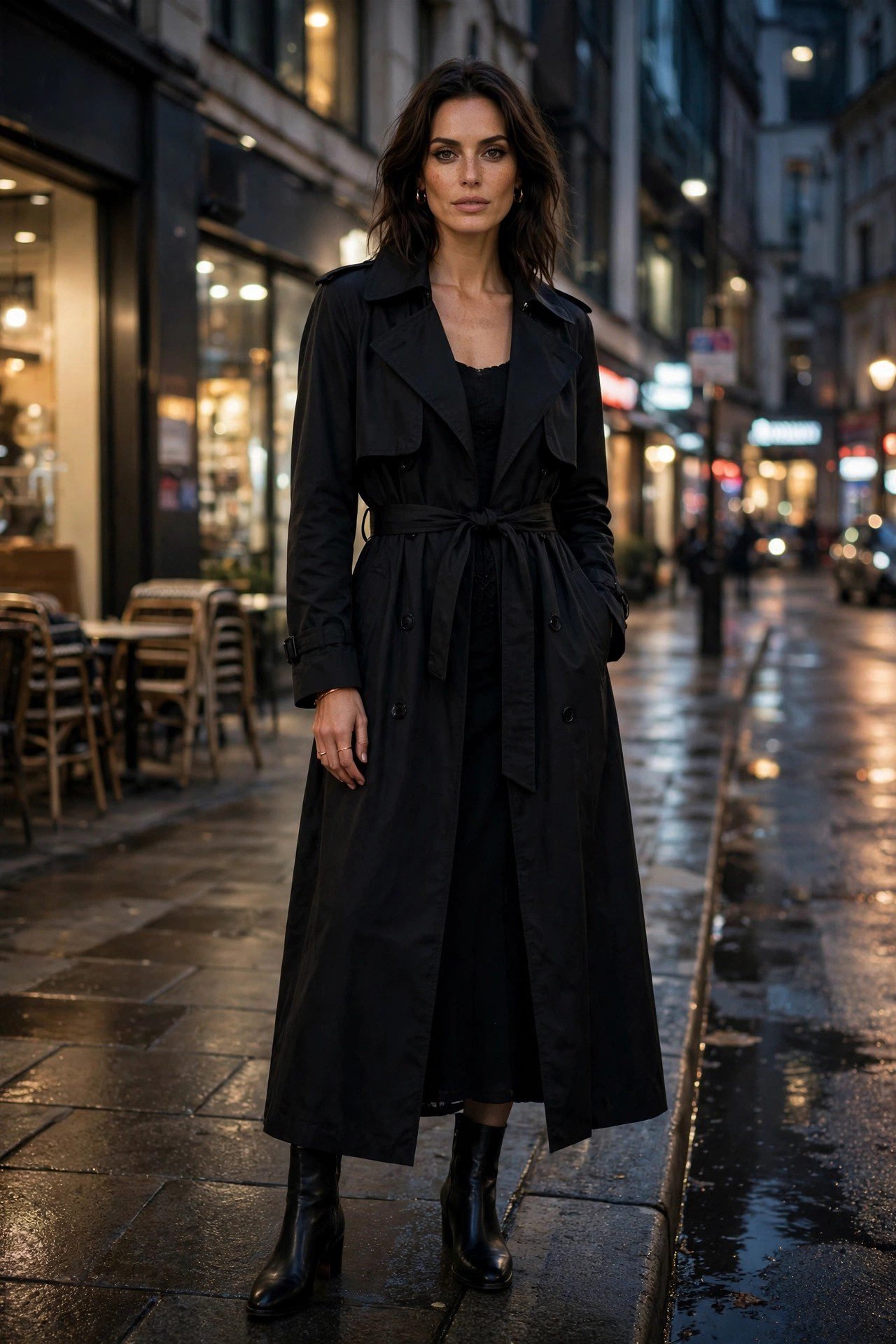 Black trench coat over black dress Halloween outfit