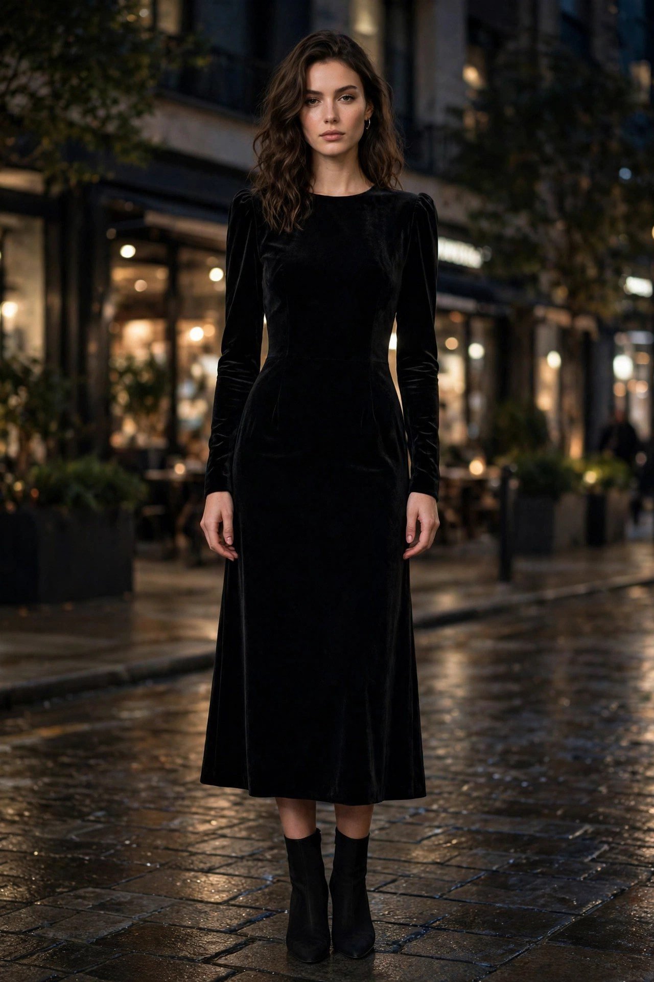 Black velvet midi dress Halloween night outfit