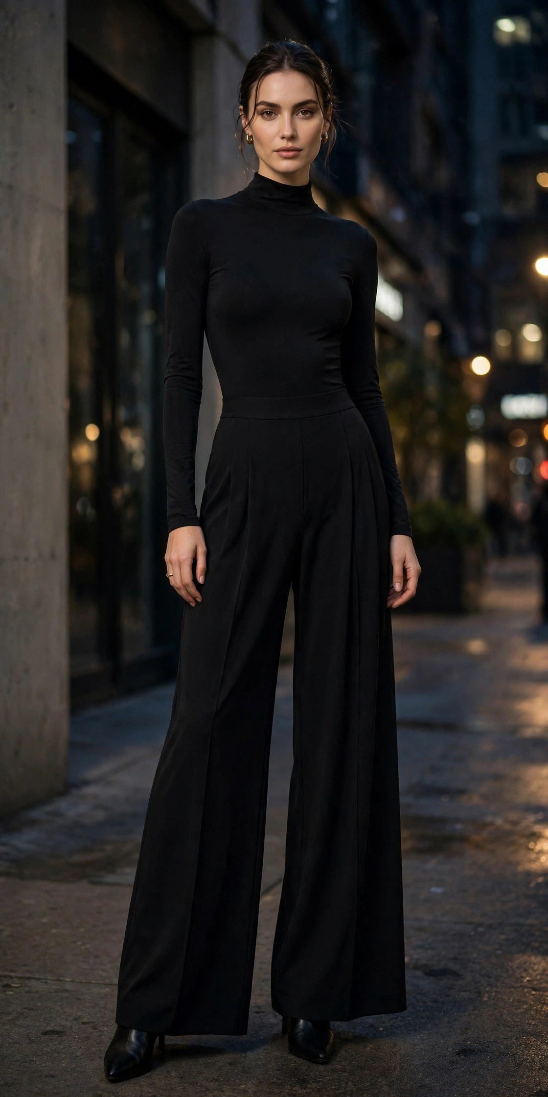 Black bodysuit with wide leg trousers outfit