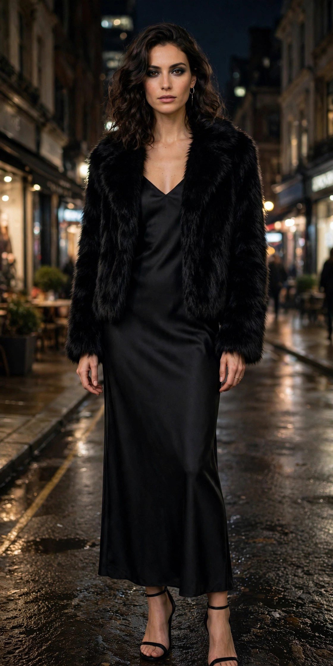 Black faux fur jacket over black slip dress outfit