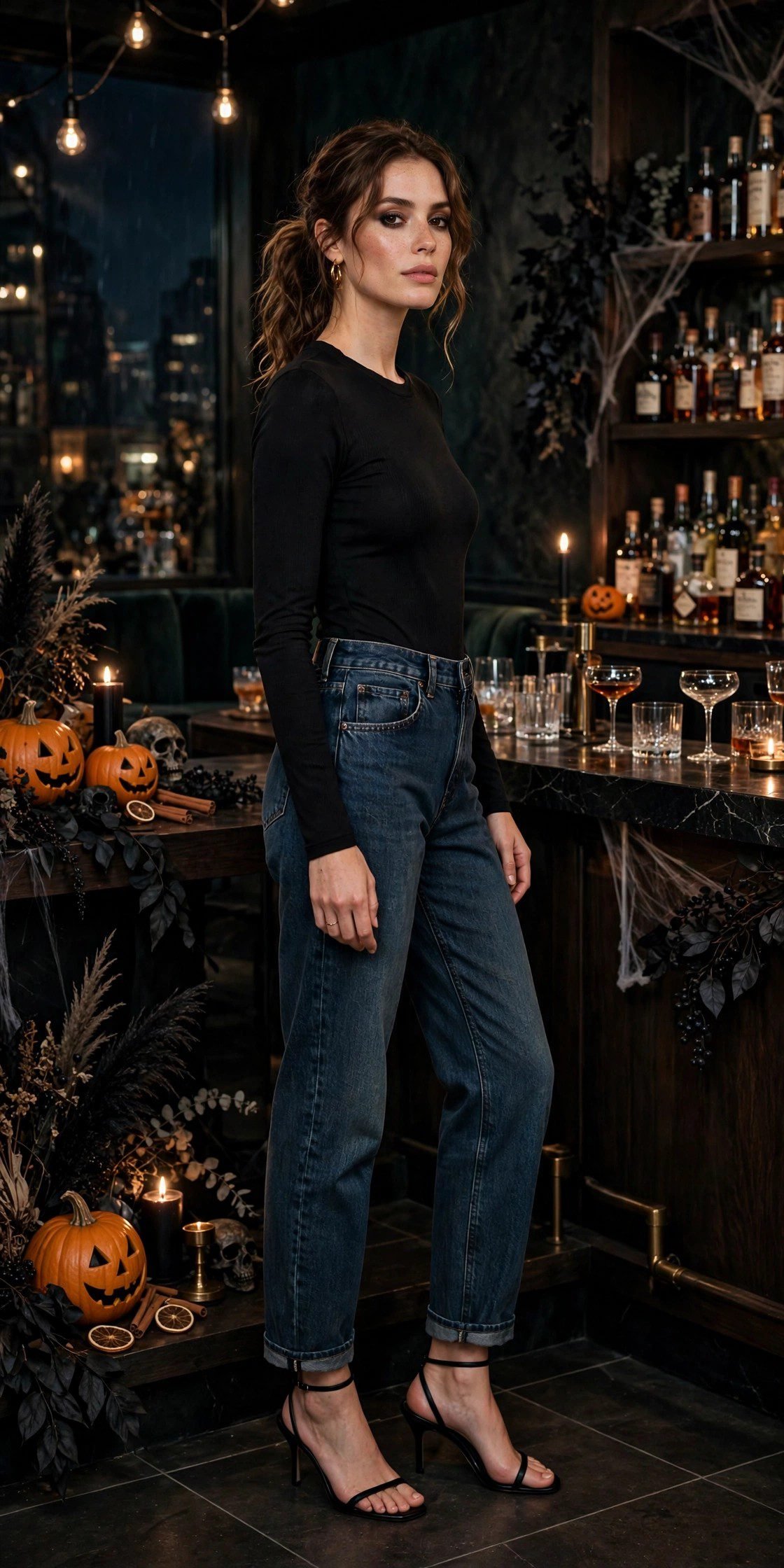 Black bodysuit with jeans Halloween bar outfit