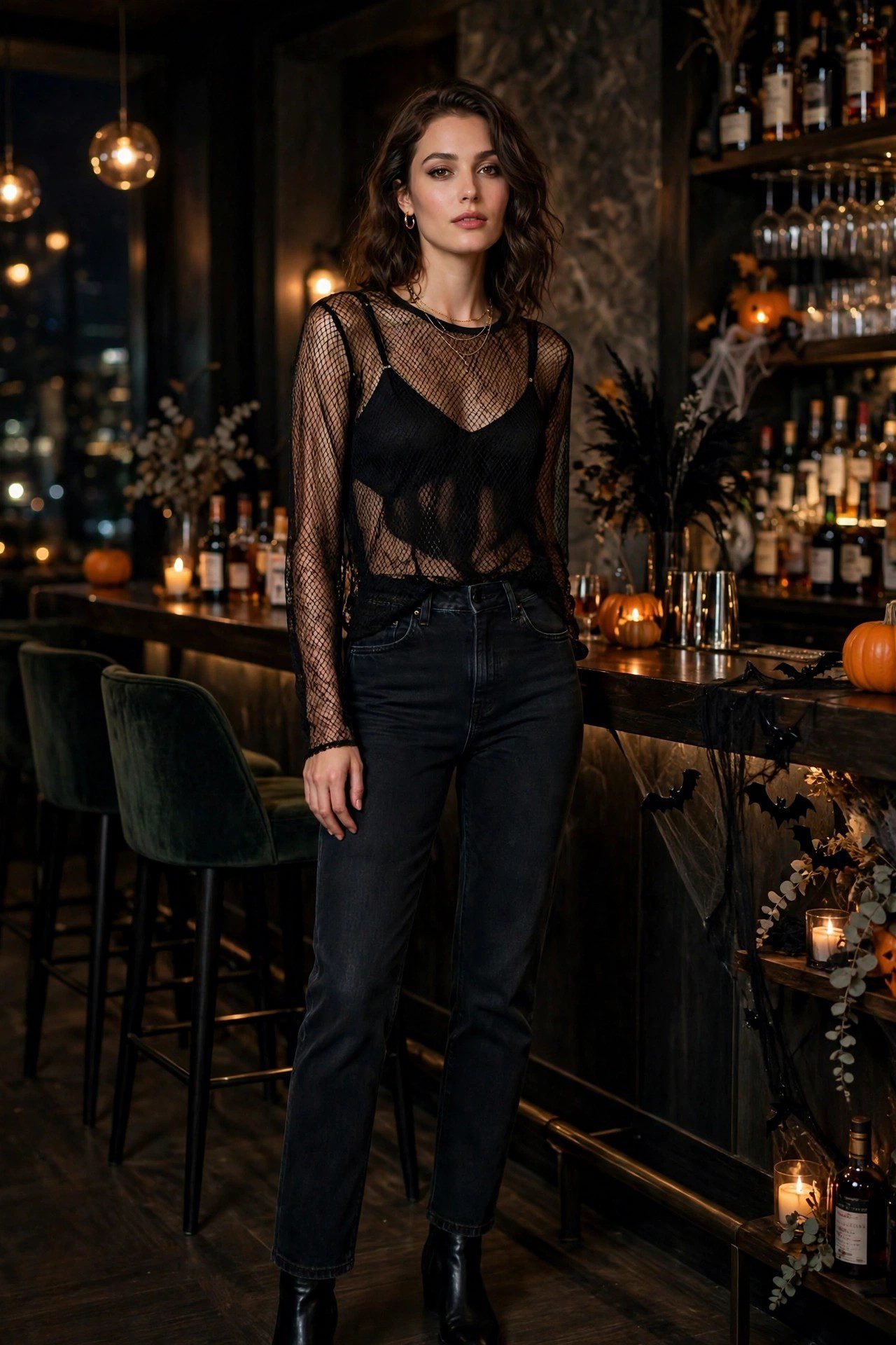 Black mesh top over camisole with jeans bar outfit