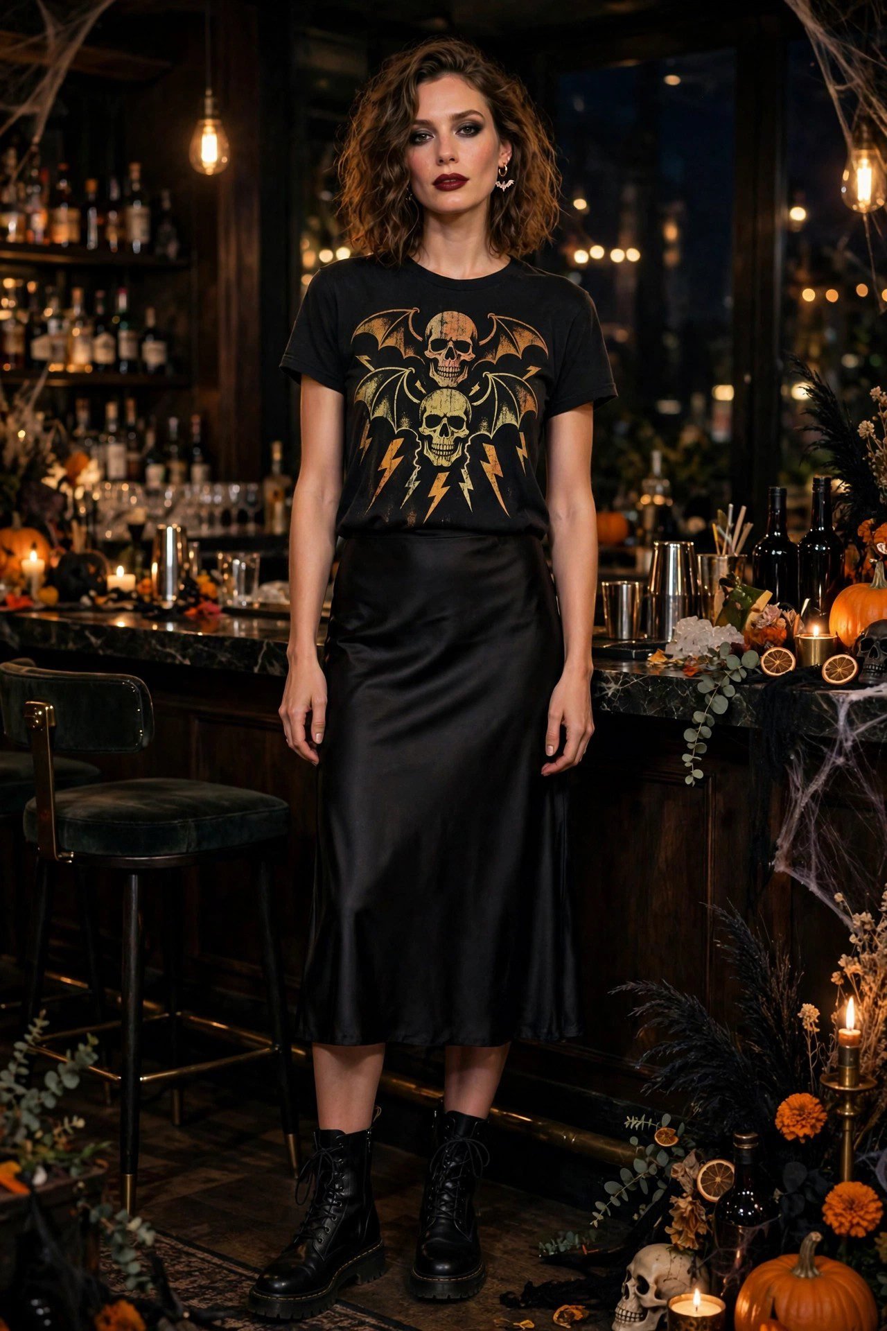 Black slip skirt with band tee bar outfit
