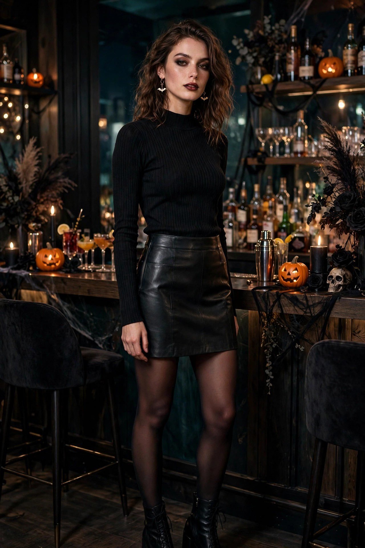 Leather mini skirt with black knit top bar outfit