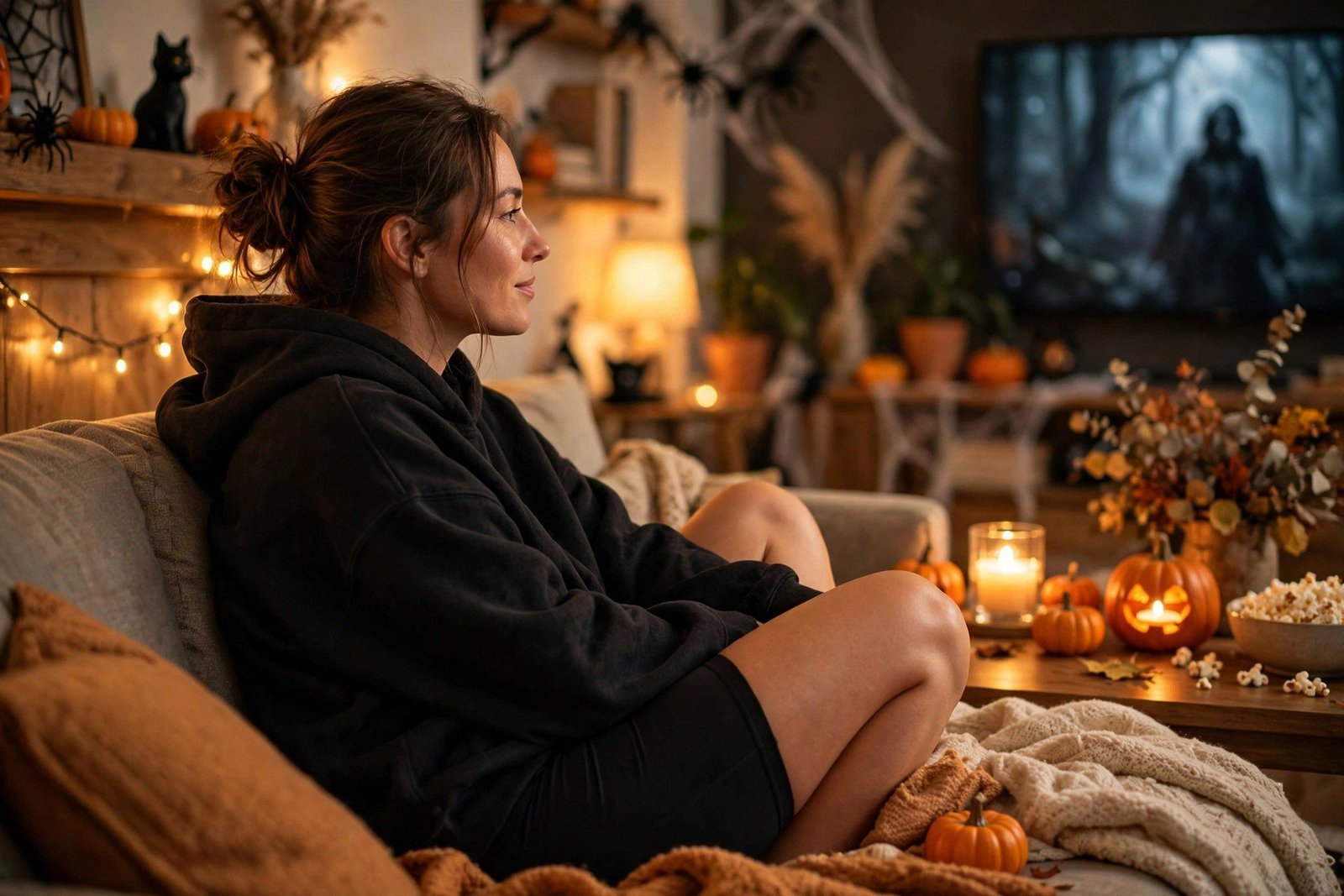Oversized hoodie with bike shorts cozy Halloween outfit