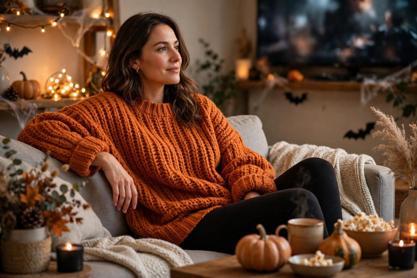 Oversized orange knit sweater with leggings cozy outfit