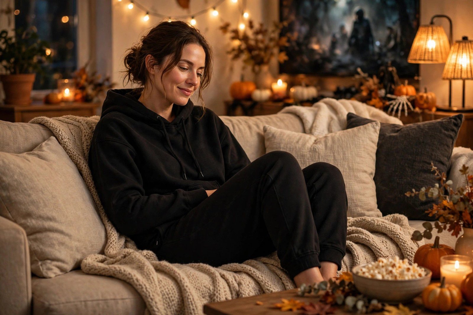 Black matching sweatsuit set cozy movie night outfit