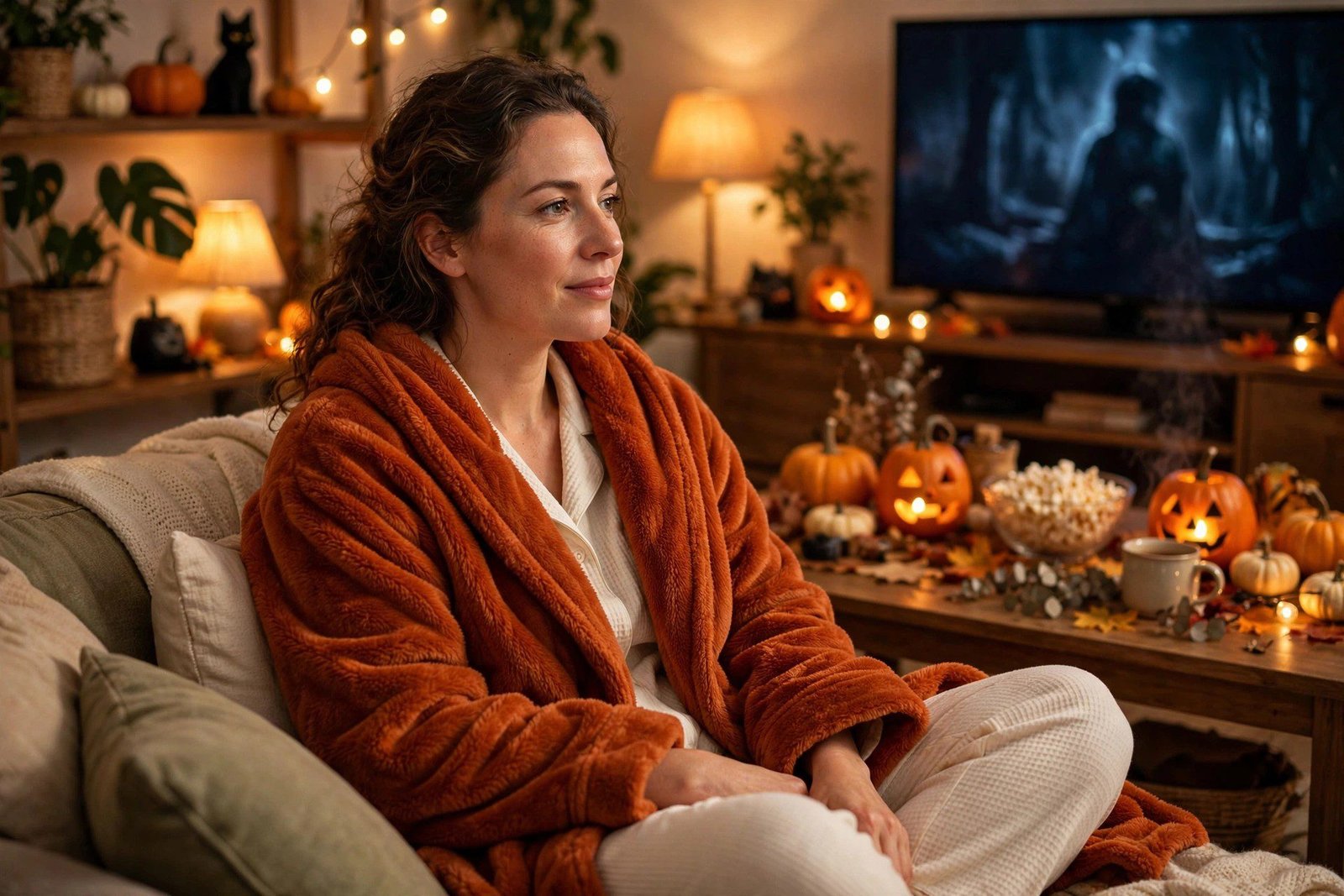 Cozy robe over pajamas Halloween movie marathon outfit