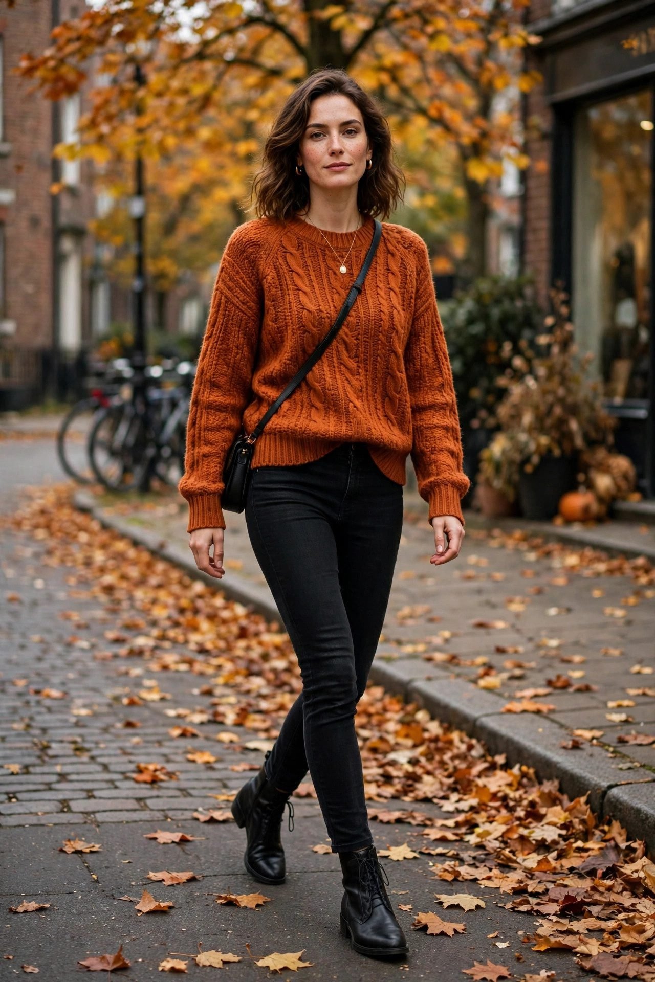 Burnt orange sweater with black jeans October outfit