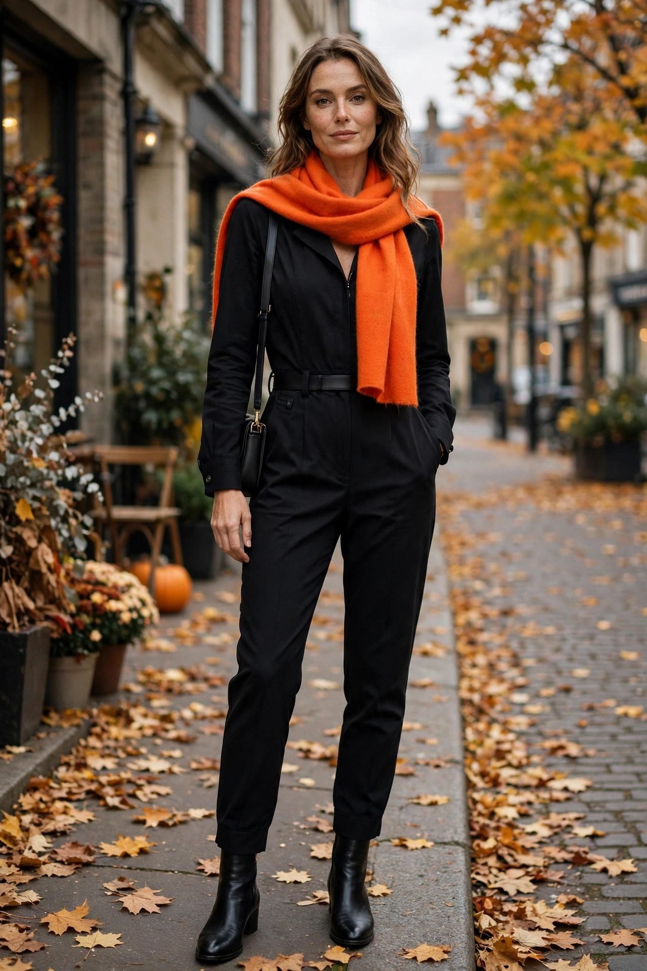 Black jumpsuit with orange scarf October outfit