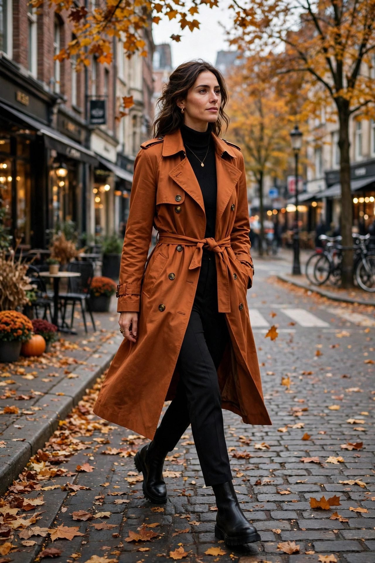 Burnt orange trench coat with black outfit