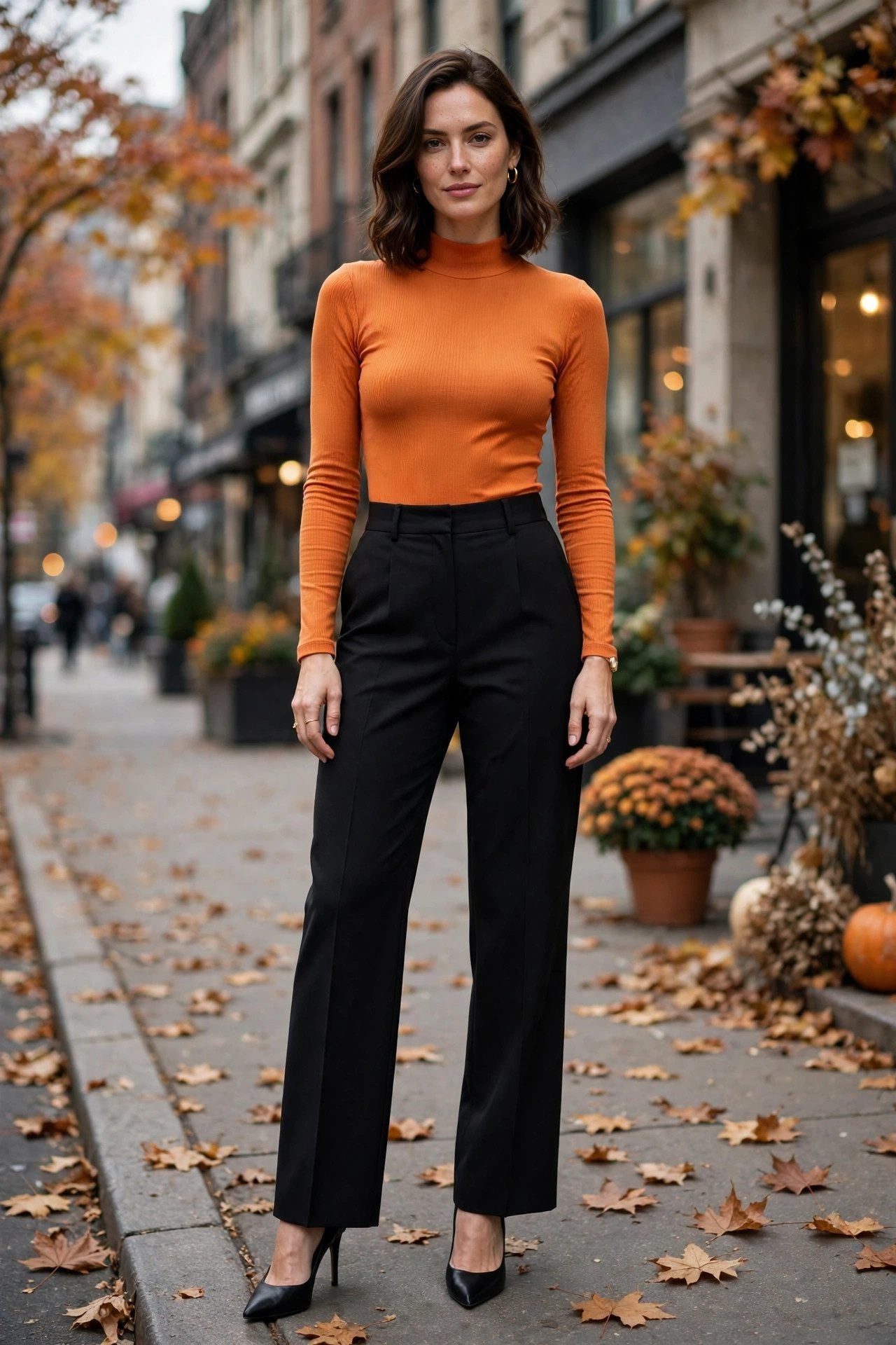 Orange bodysuit with black trousers October outfit