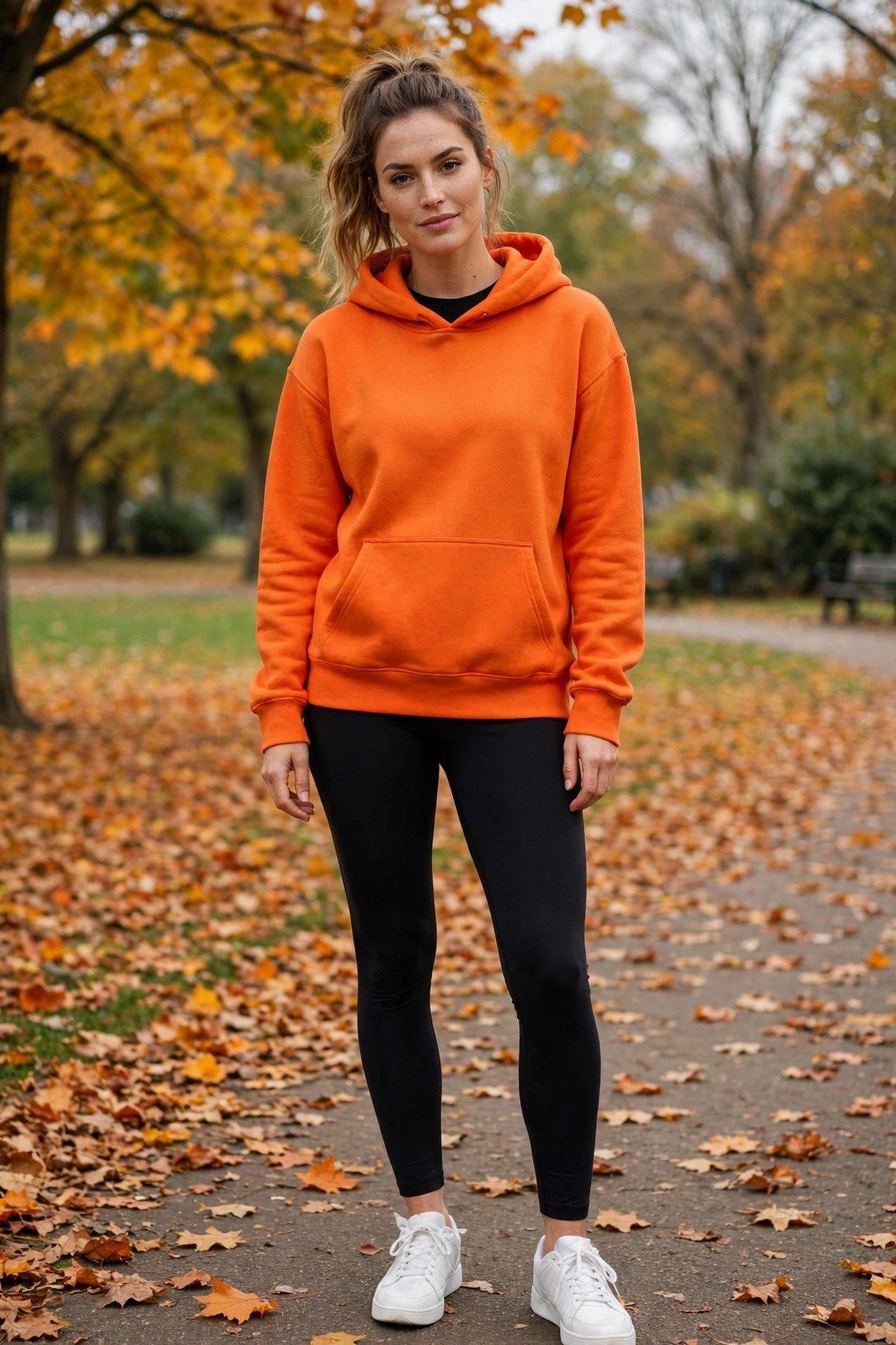 Orange hoodie with black leggings casual October outfit