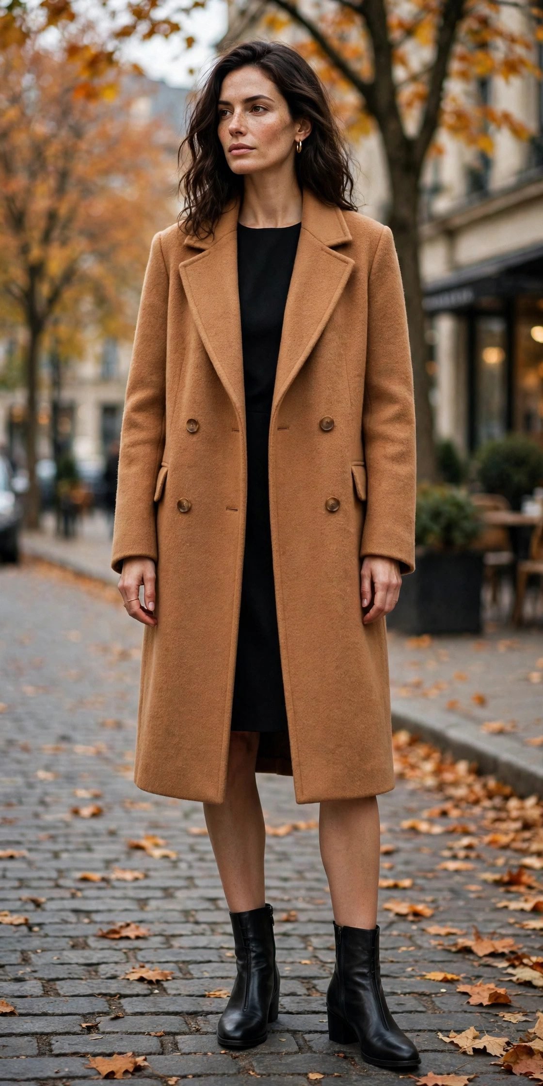 Camel orange coat over black dress fall outfit