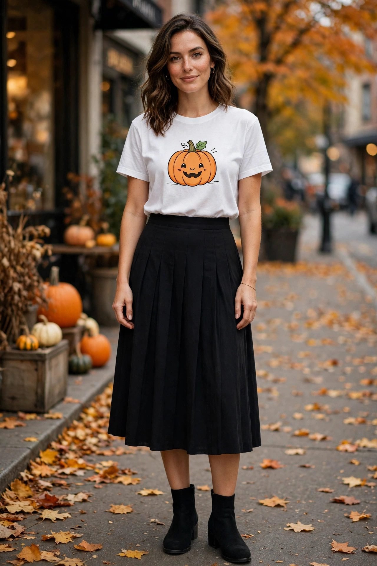 Pumpkin graphic tee with black skirt casual outfit