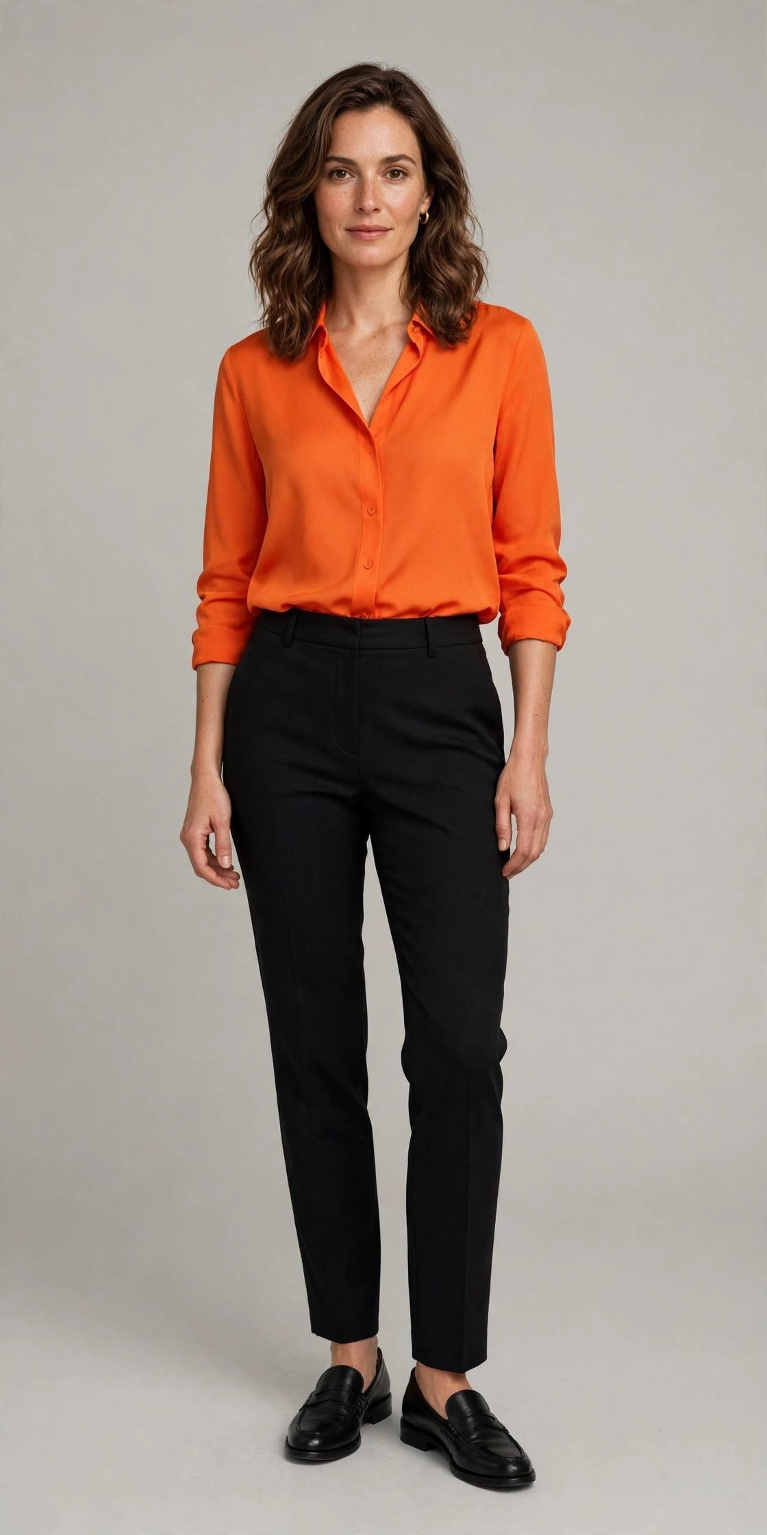 Orange blouse with black trousers outfit for October
