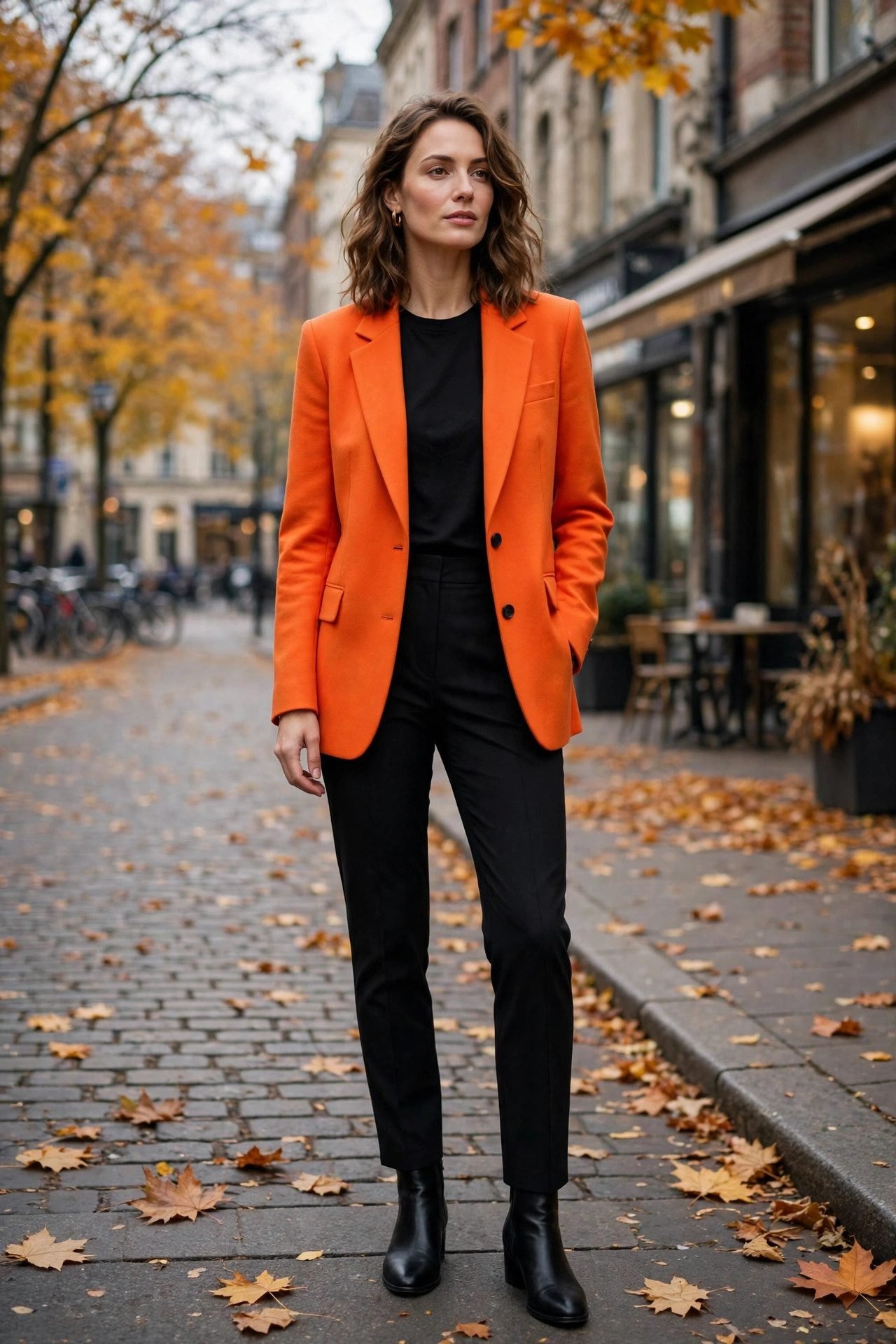 Orange blazer over black outfit October style