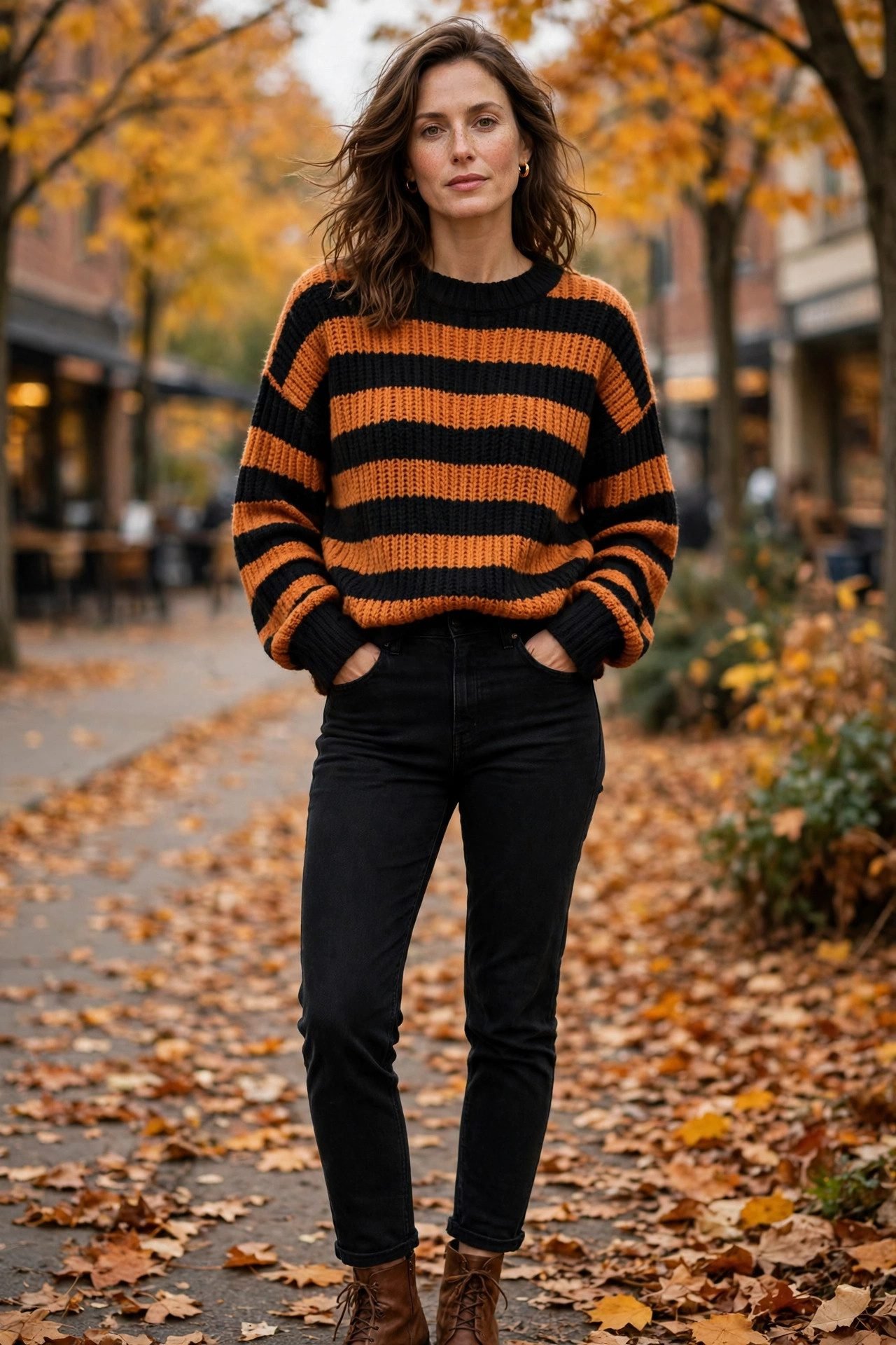 Black and orange striped sweater October outfit