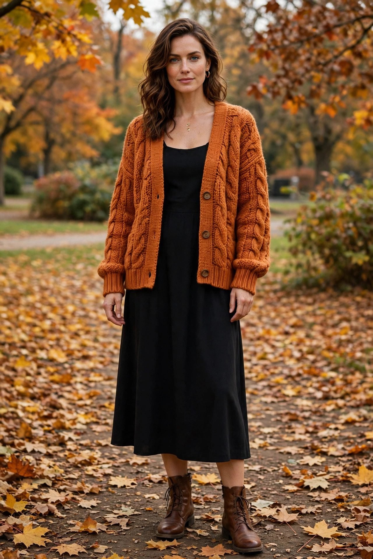 Orange cardigan over black dress fall outfit