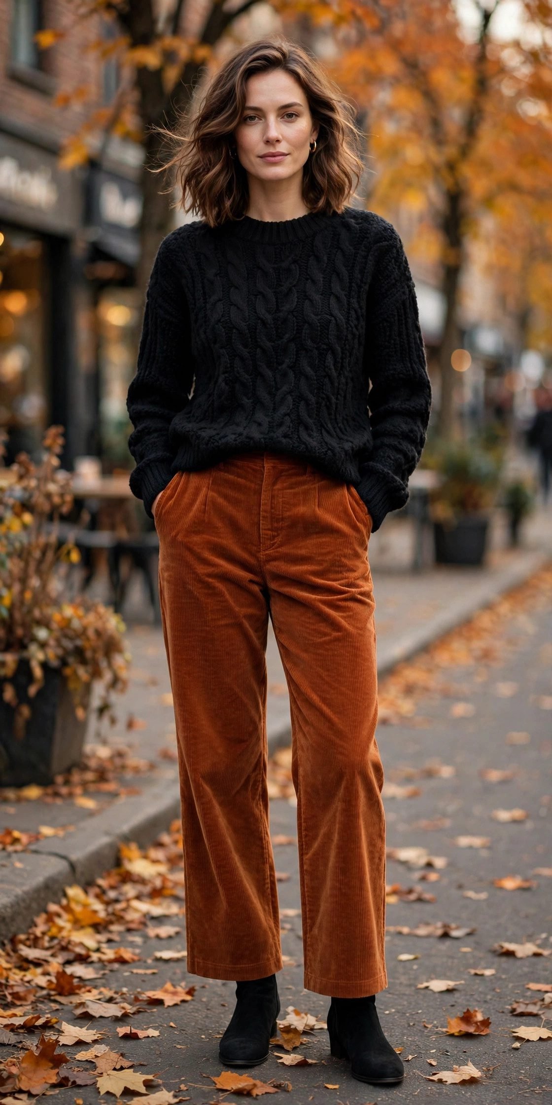 Rust corduroy pants with black sweater outfit