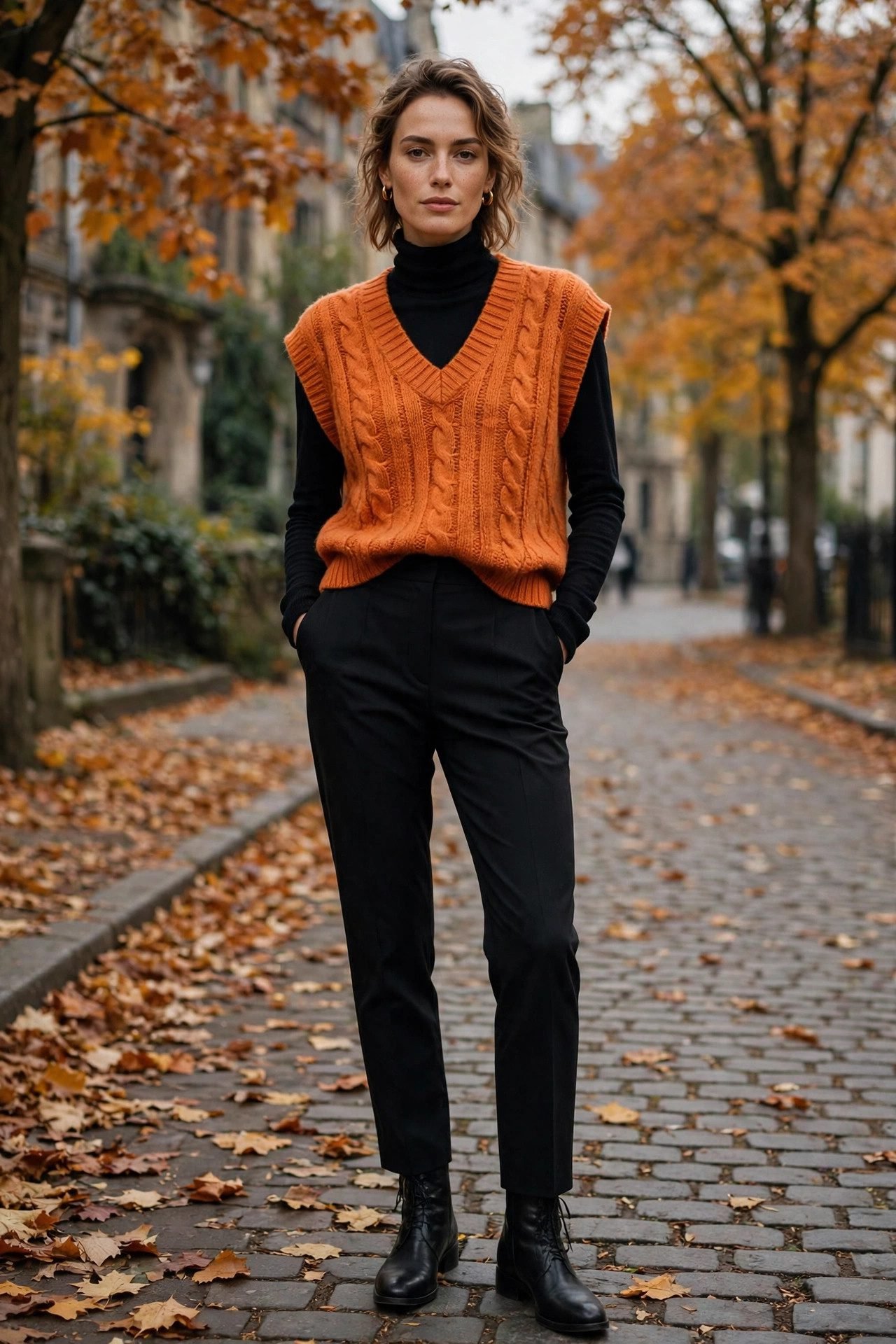 Orange sweater vest over black turtleneck outfit