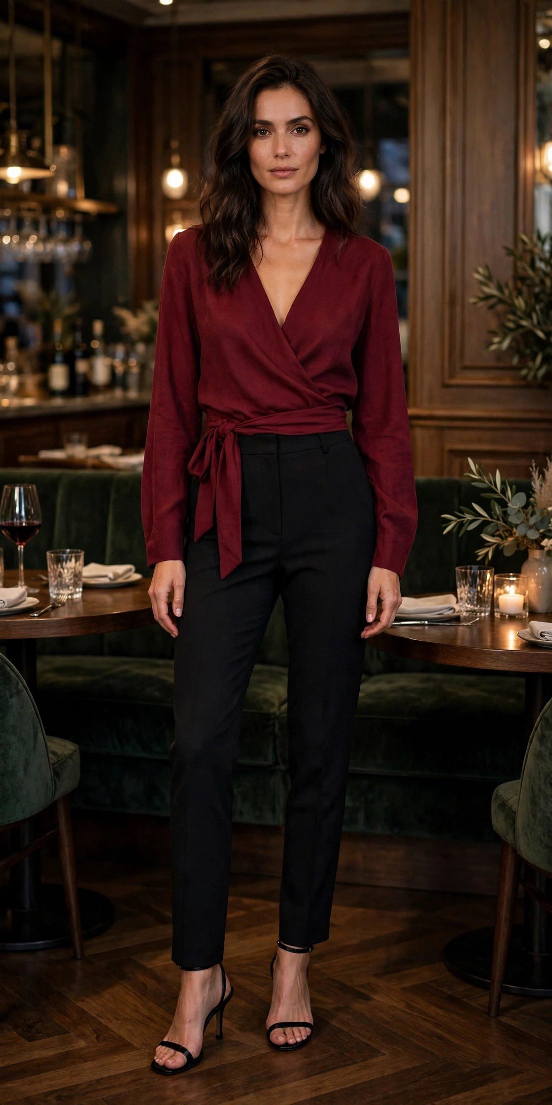 Wine wrap top with black trousers dinner outfit
