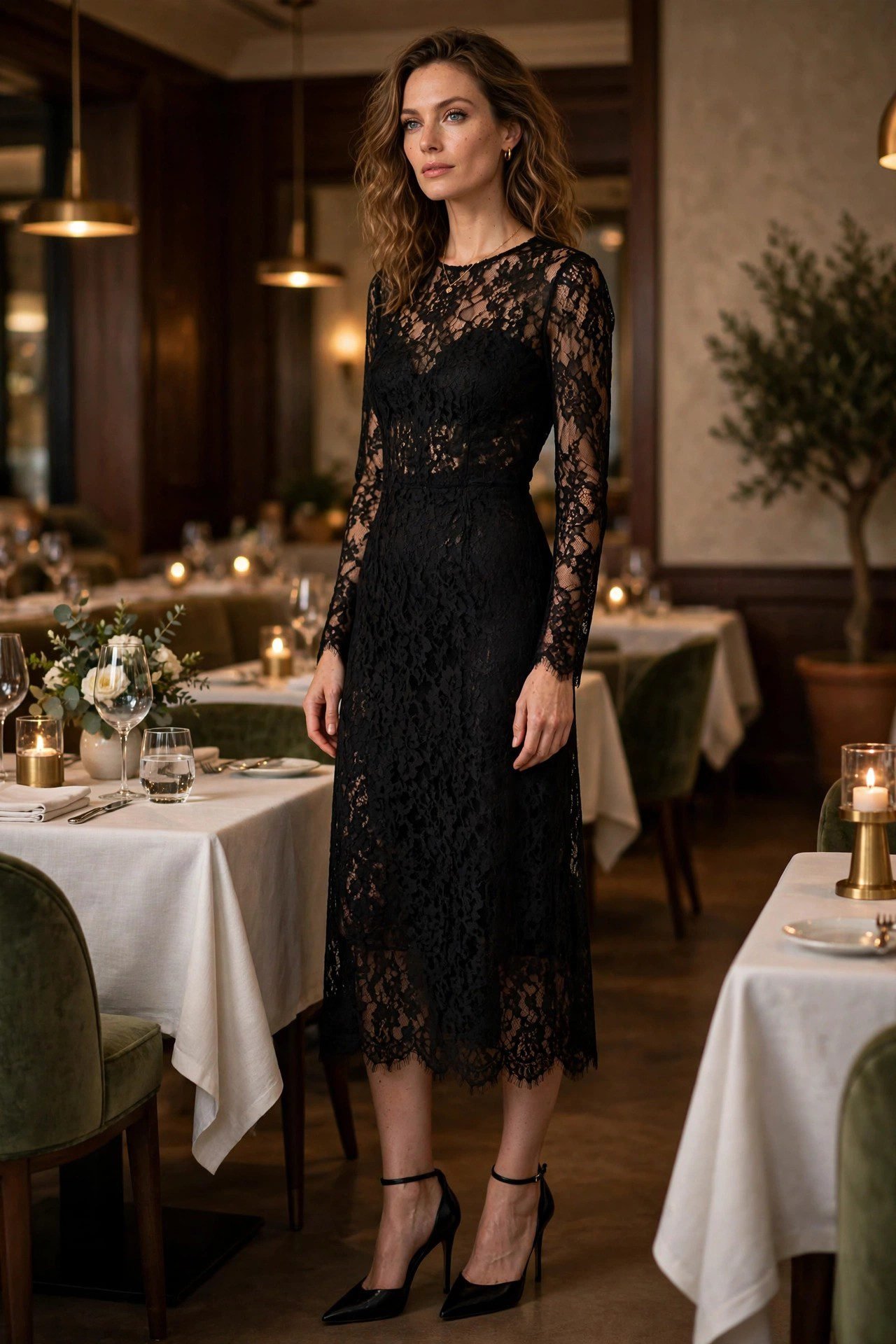Black lace midi dress Halloween dinner outfit