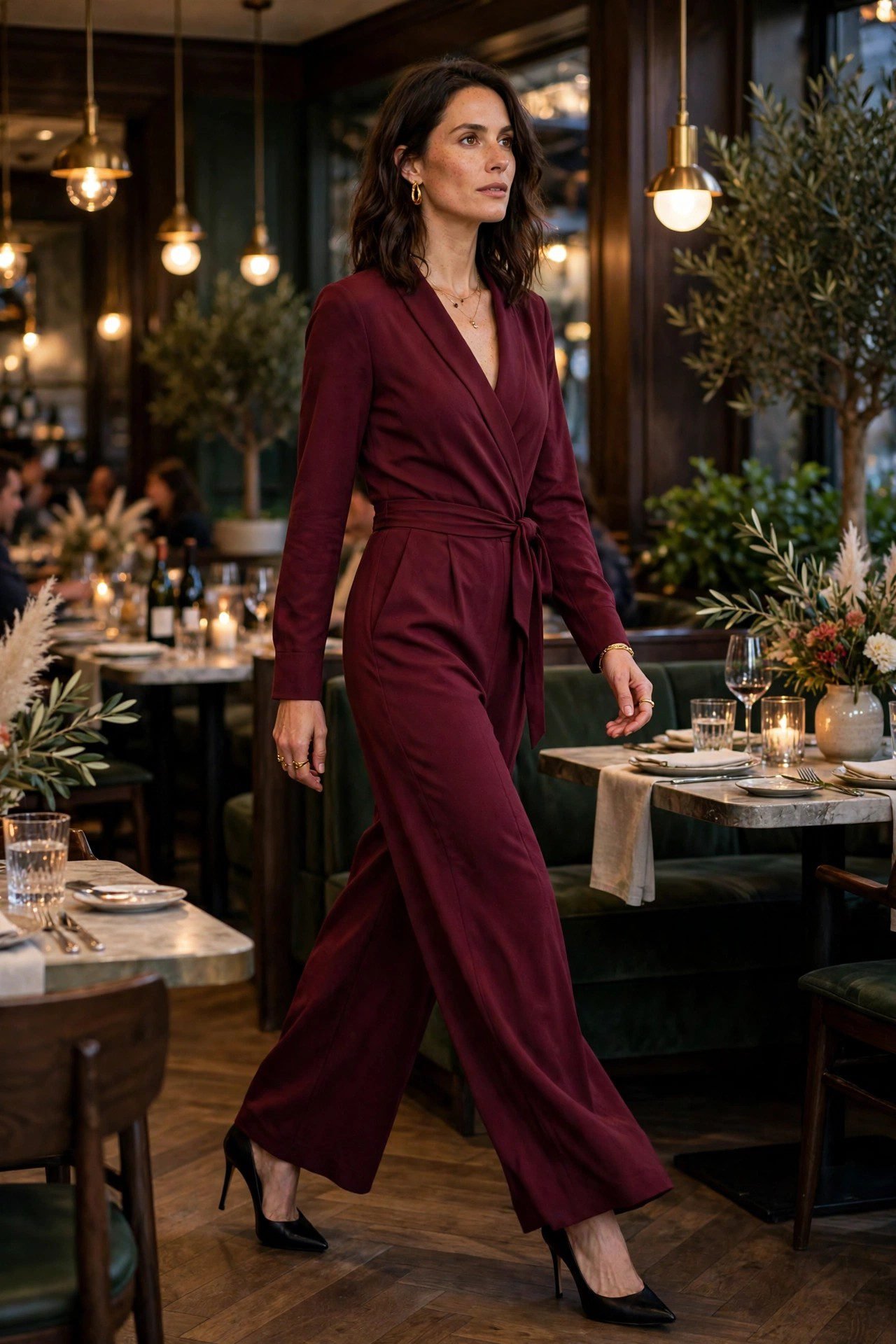 Burgundy jumpsuit Halloween dinner outfit for women