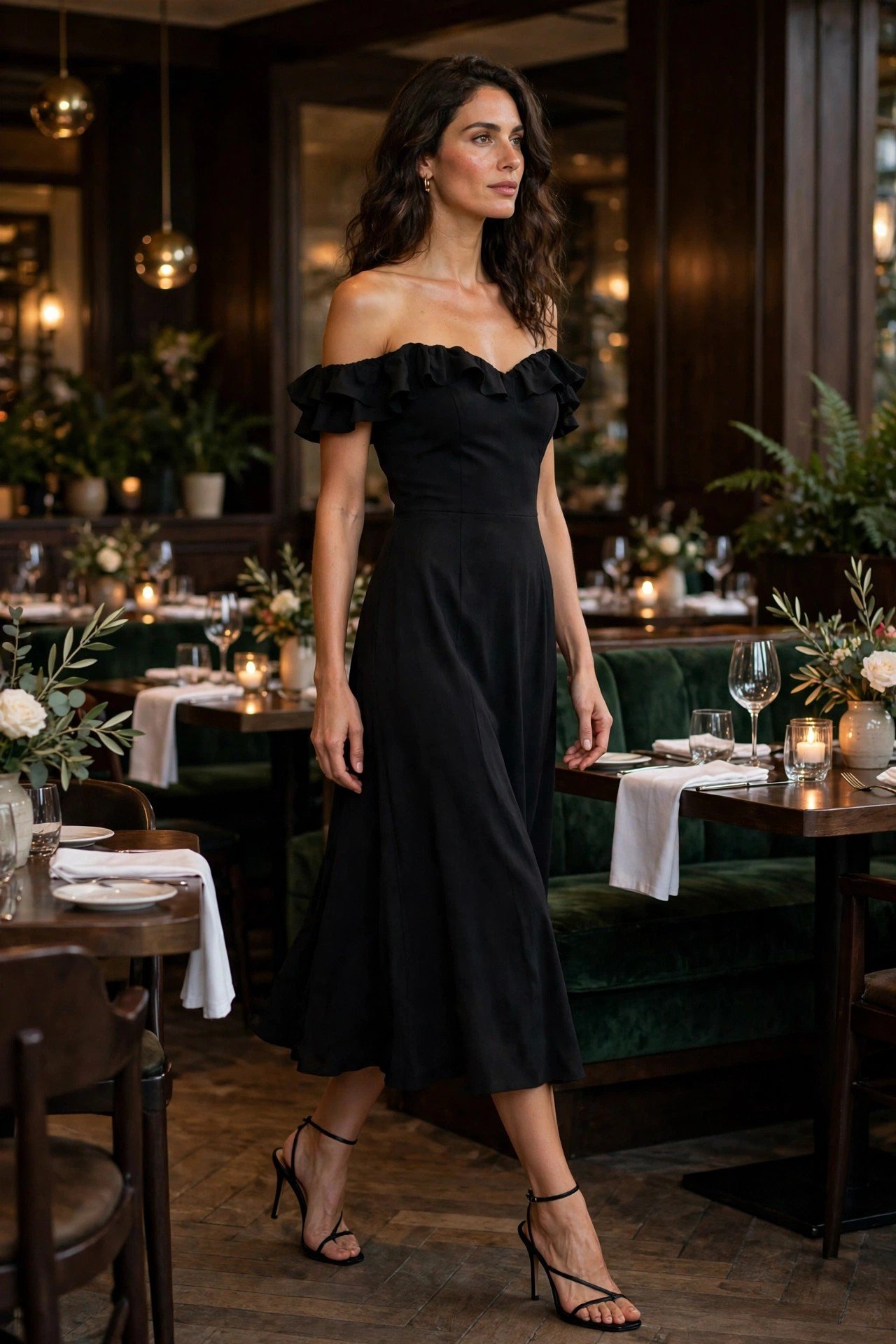 Black off shoulder midi dress dinner outfit