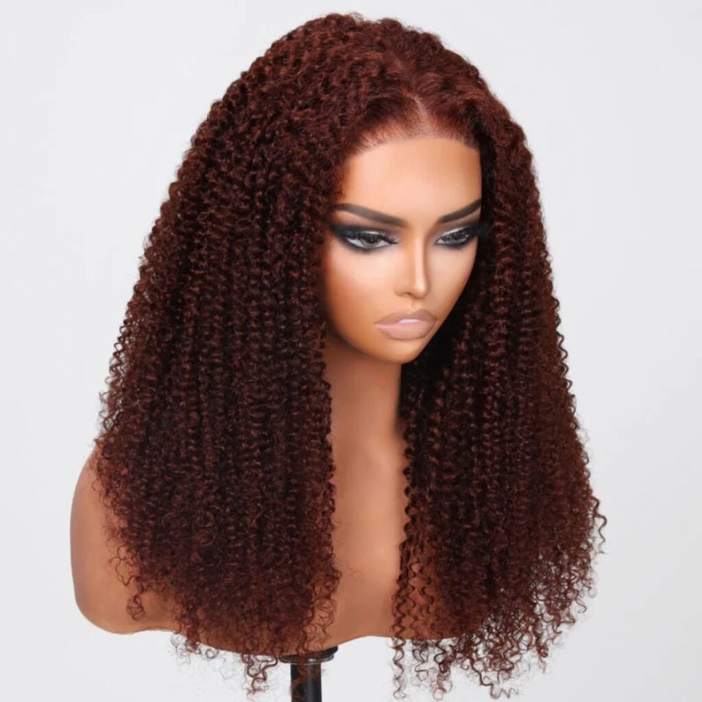 Copper kinky curly wig on a model