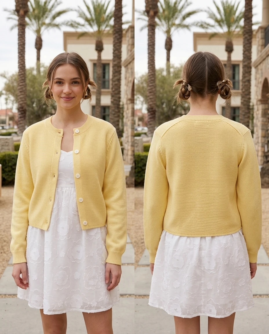 14. Mustard Cardigan + Brown Dress