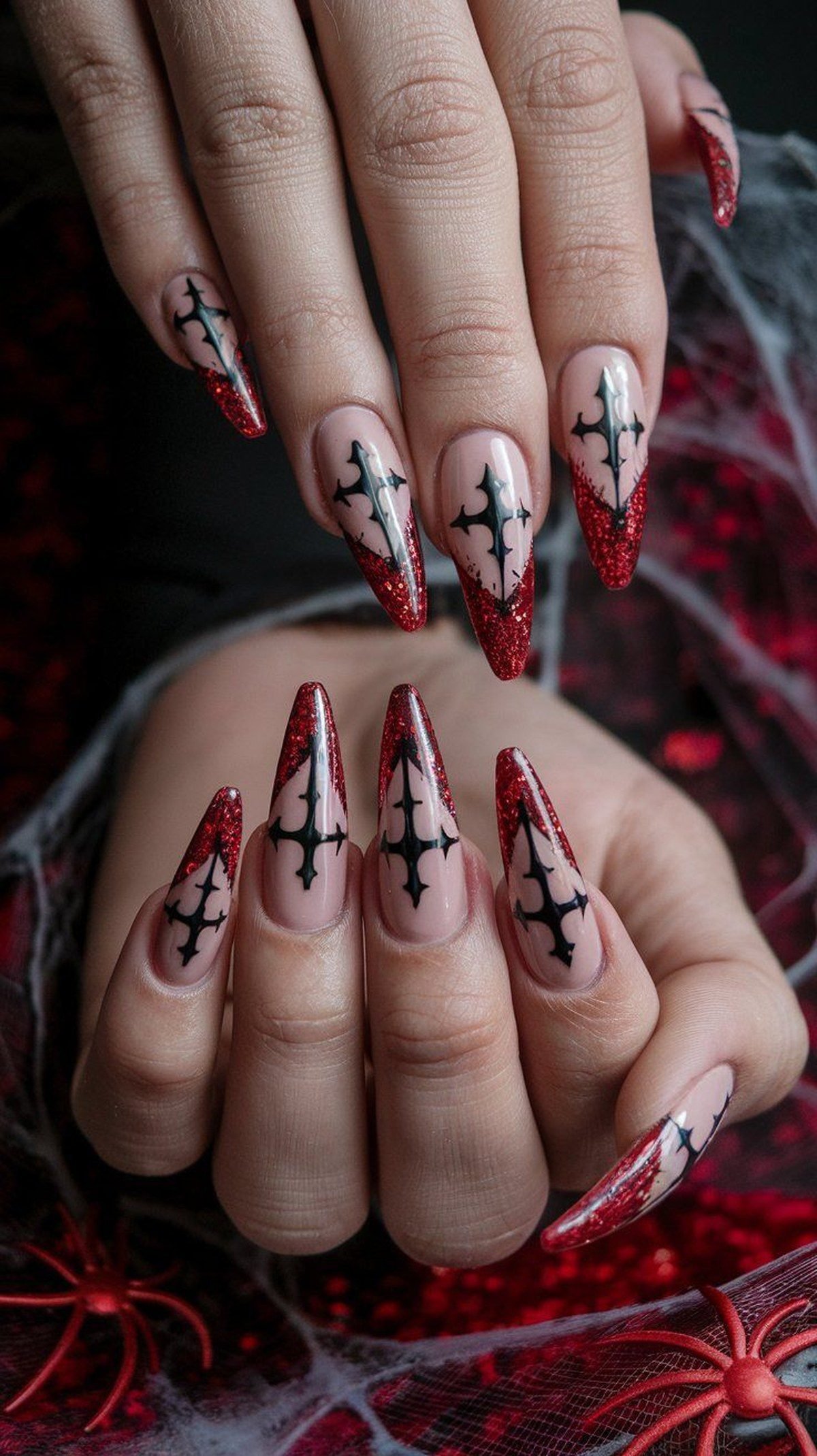 Blood drip nail art on long stiletto nails