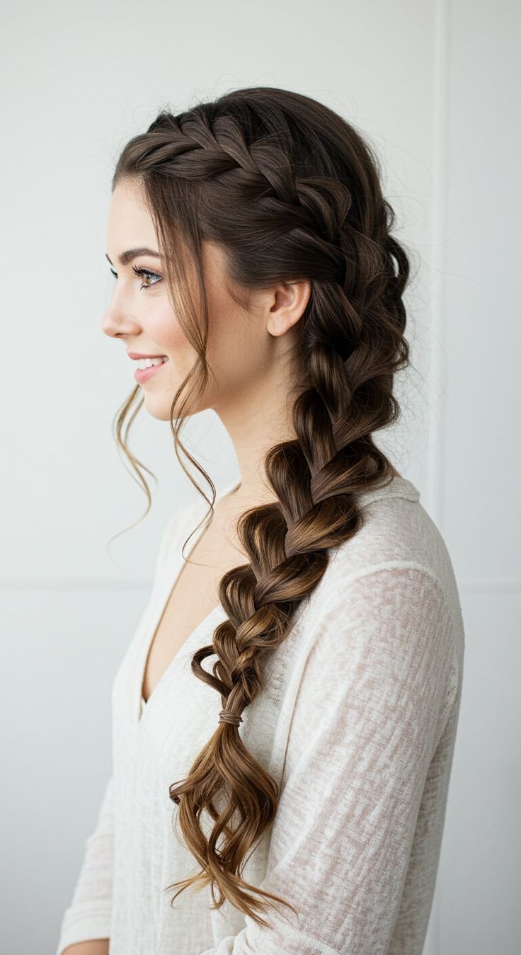 Loose side braid homecoming hairstyle