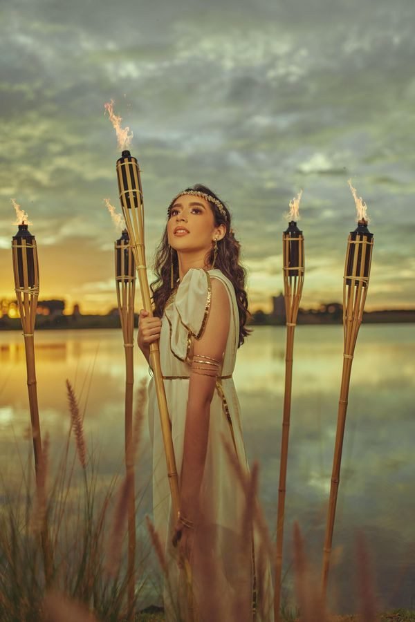 Woman in a greek goddess costume